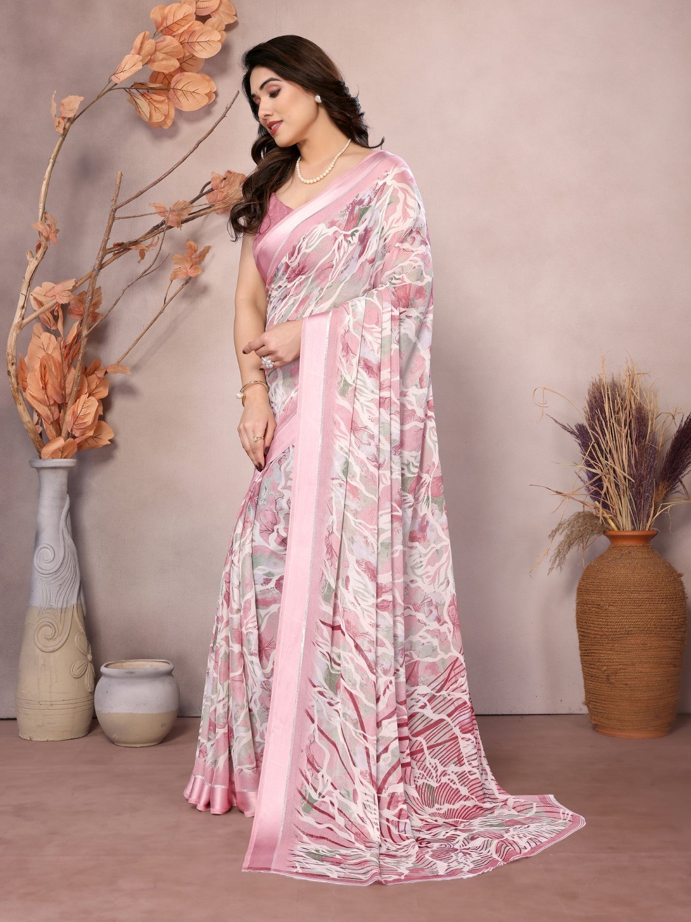 Peach Bright Moss Satin Patta Saree With Printed