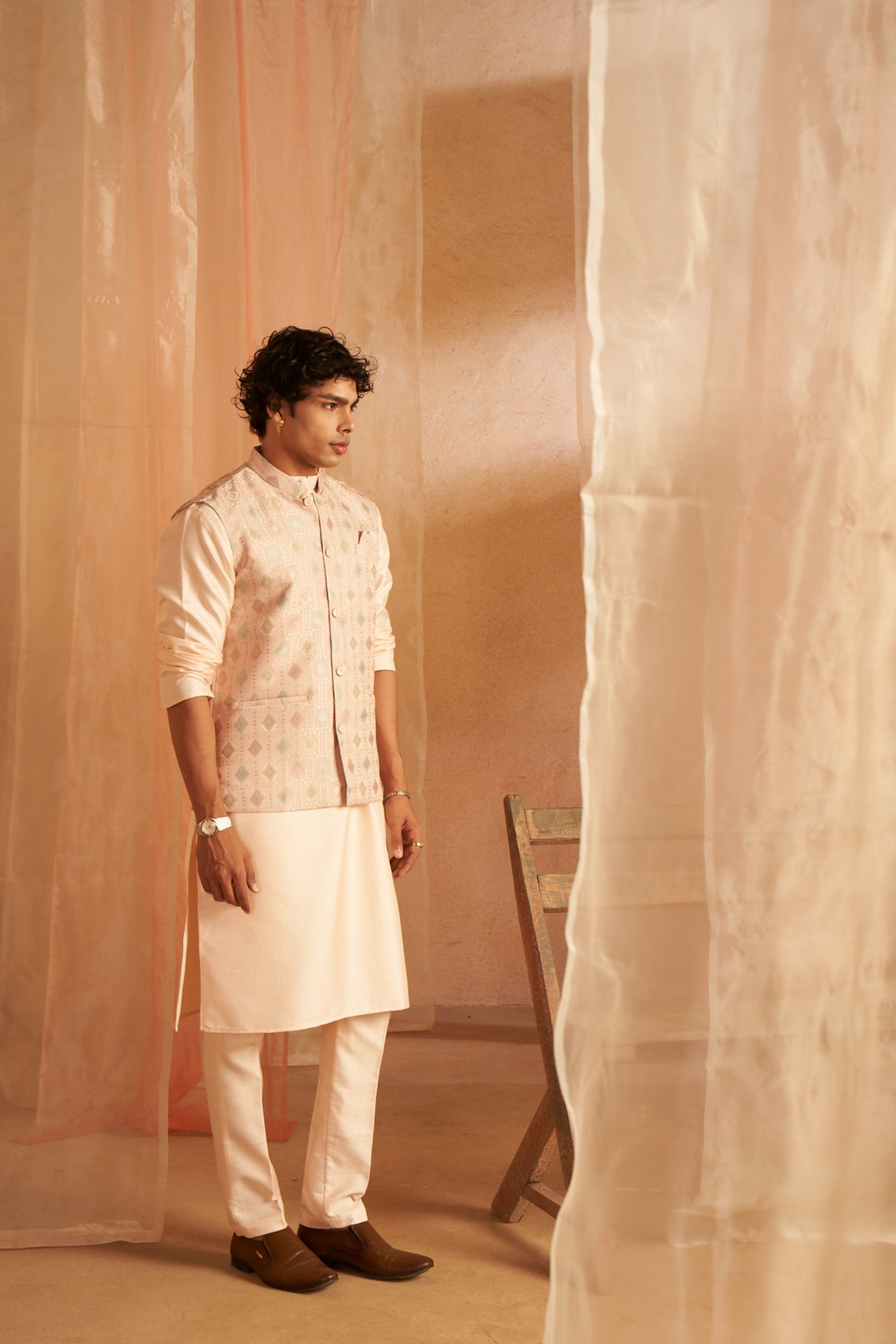 Peach Color Printed Ethnic Jacket for Ceremonial and Festive Wear