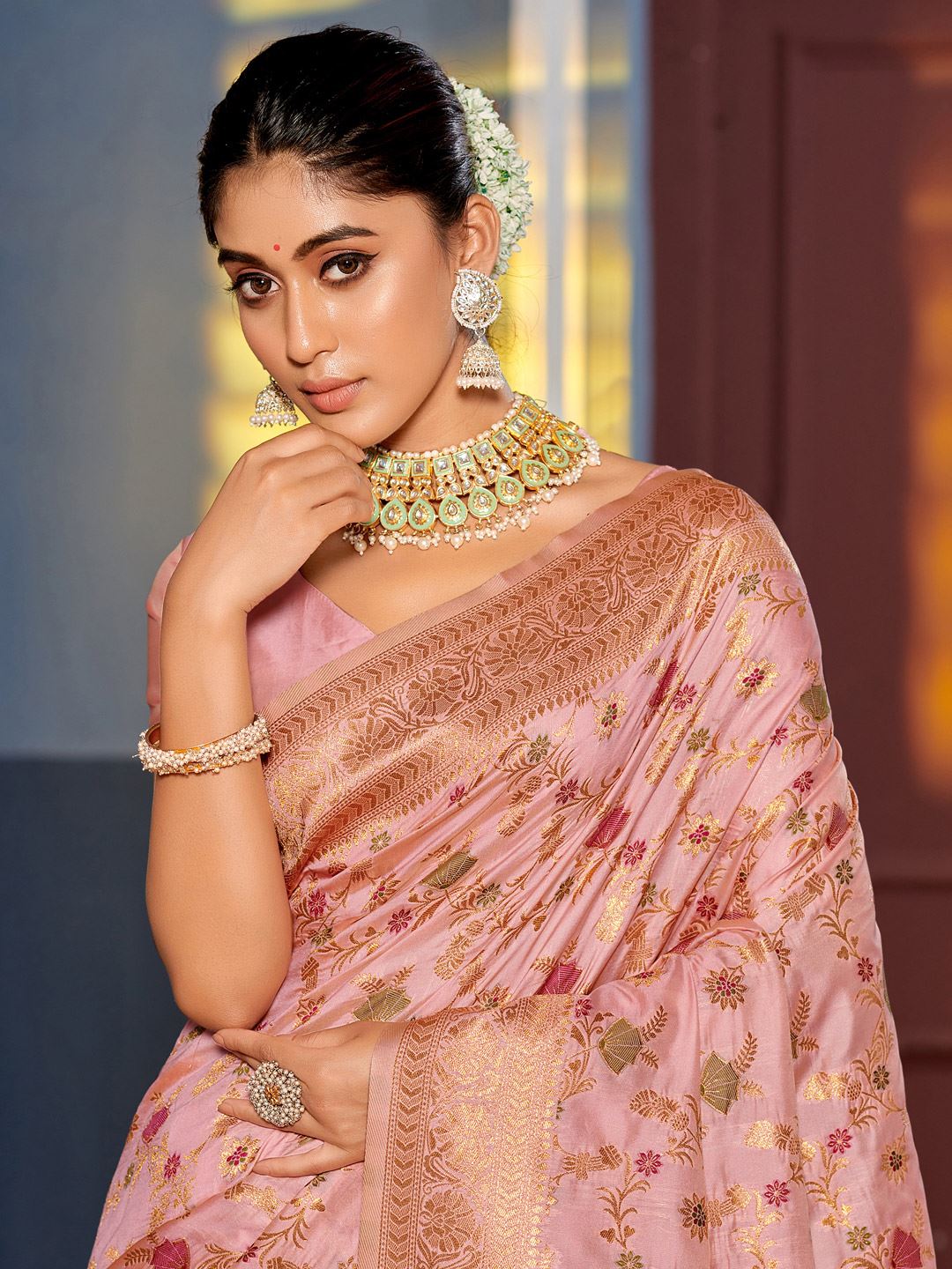 Peach Color Woven Design Banarasi Silk Saree
