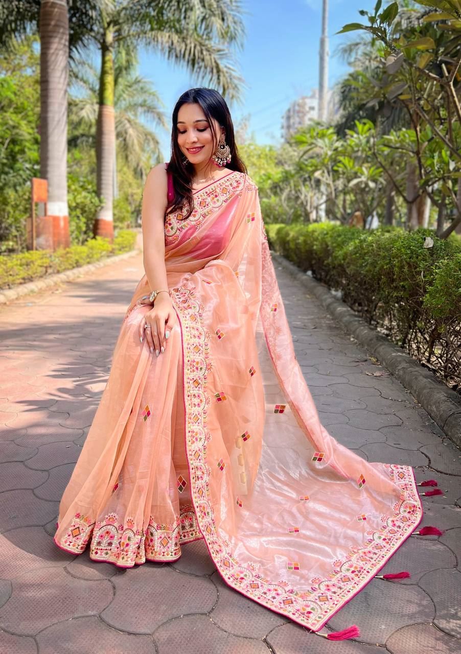 Peach  Colour Twill Net Designer Embroidery Work Saree