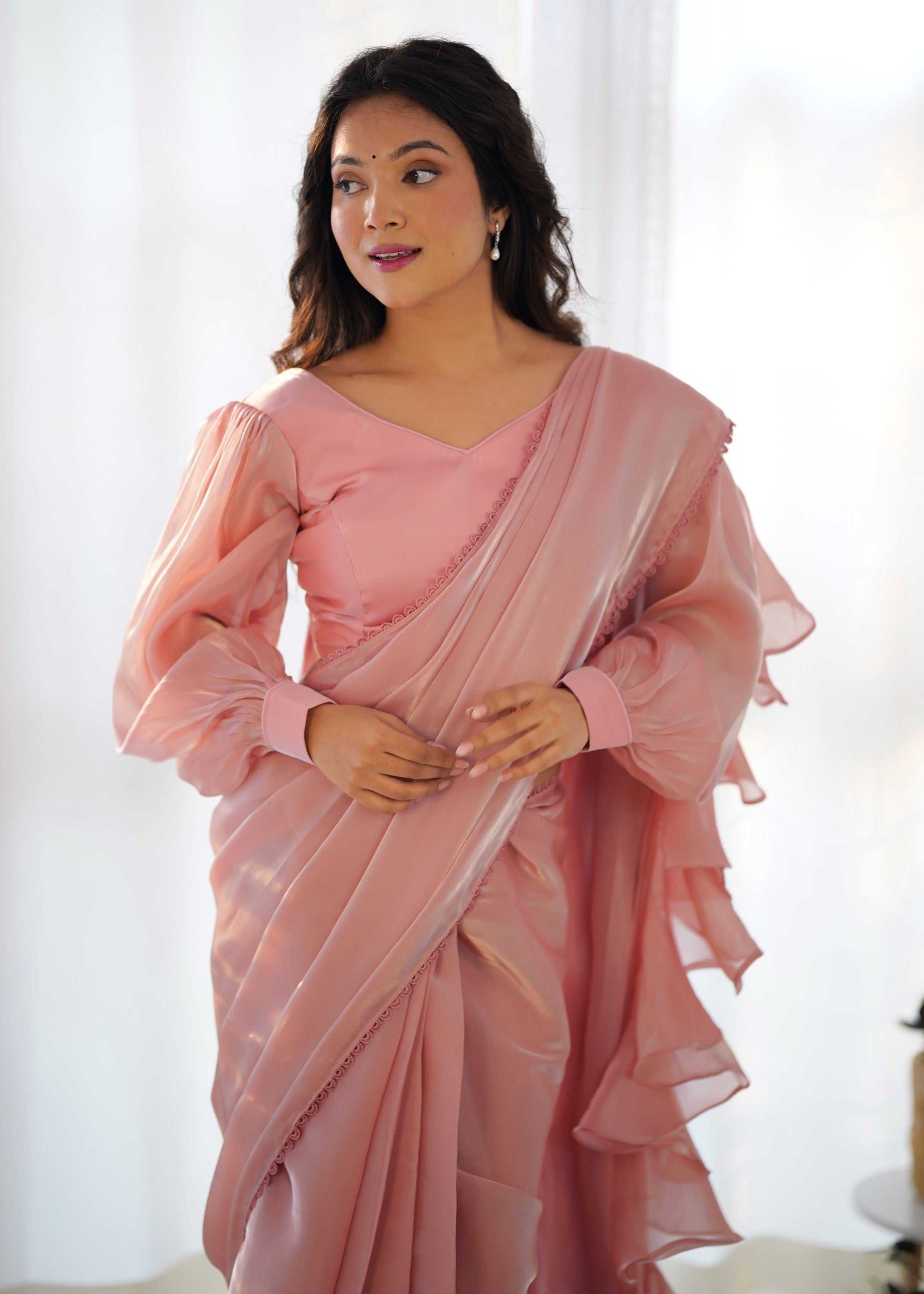 Peach Colour Zimichhu Silk Fully Stitched Ready To Wear Saree
