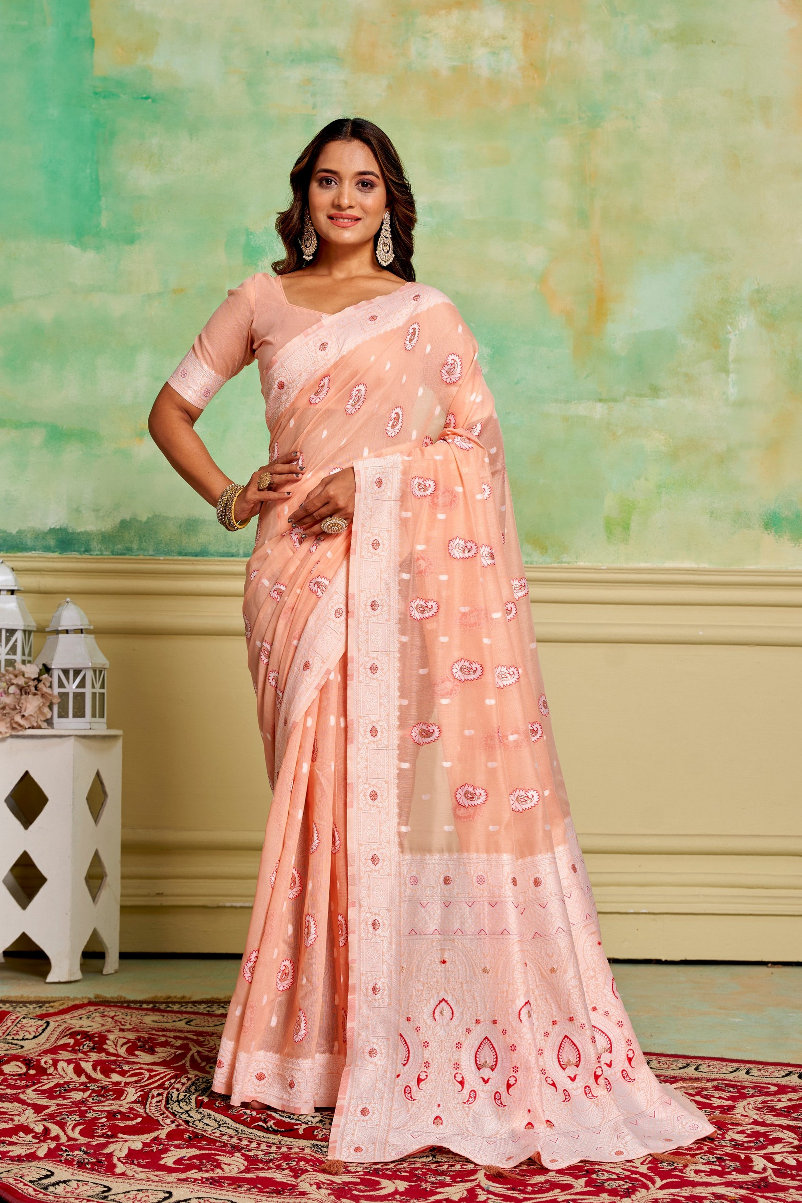 Peach Cotton Fabric Woven Designer Ethnic Festive Wear Saree
