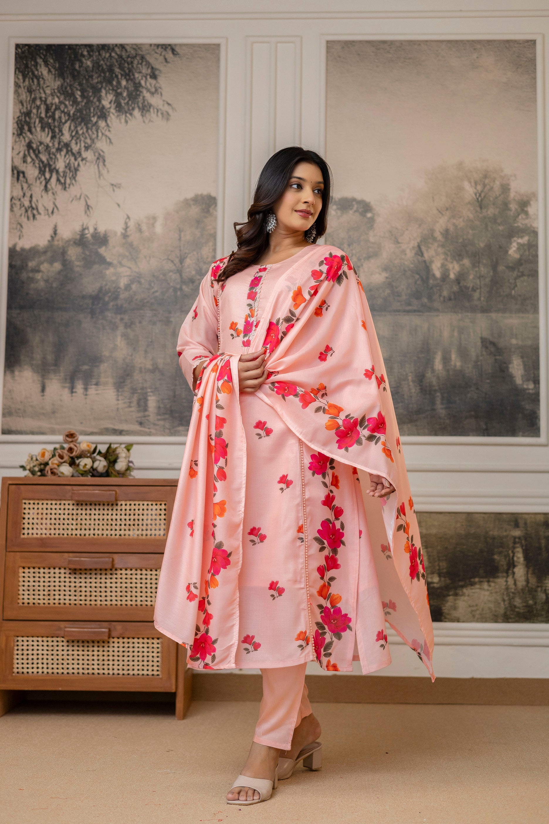Peach Cotton Kurta Pant Set  Printed