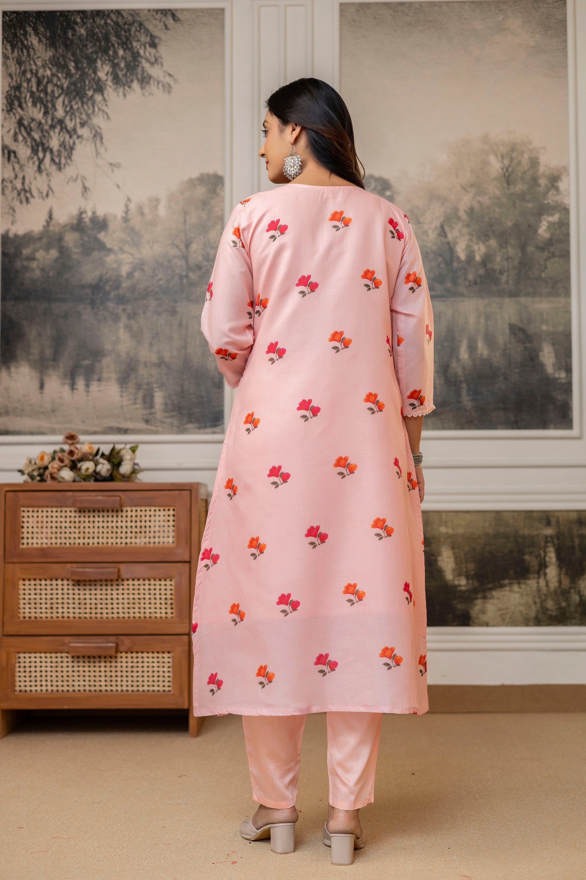 Peach Cotton Kurta Pant Set  Printed