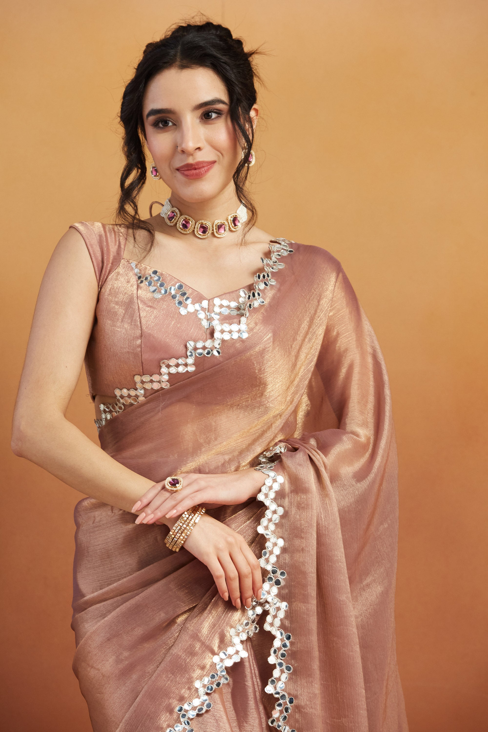 Peach Designer Fancy Ready To Wear Saree For Ceremonial Looks