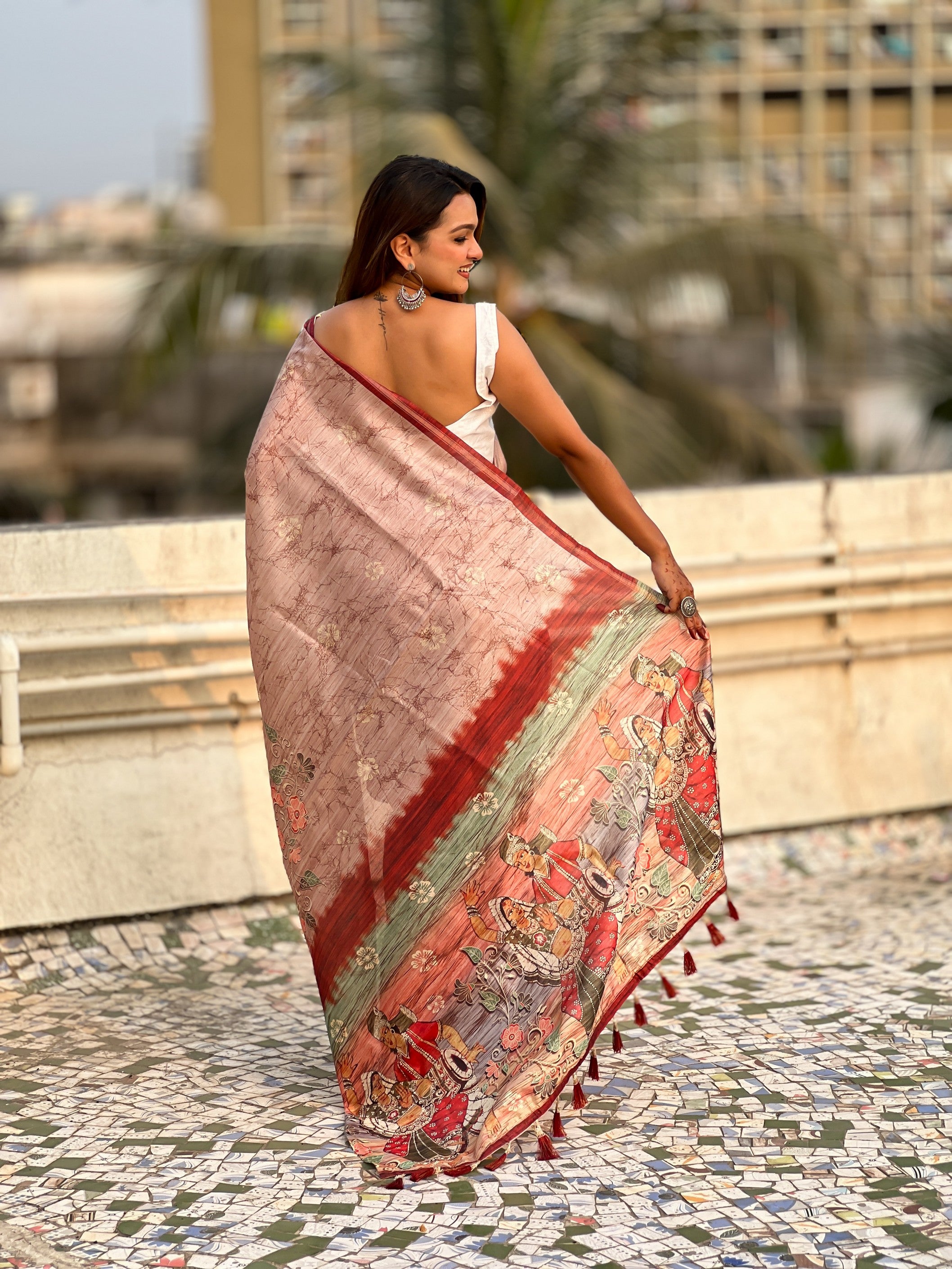 Peach Ethnic Katki Silk Woven Designer And Floral Printed Saree