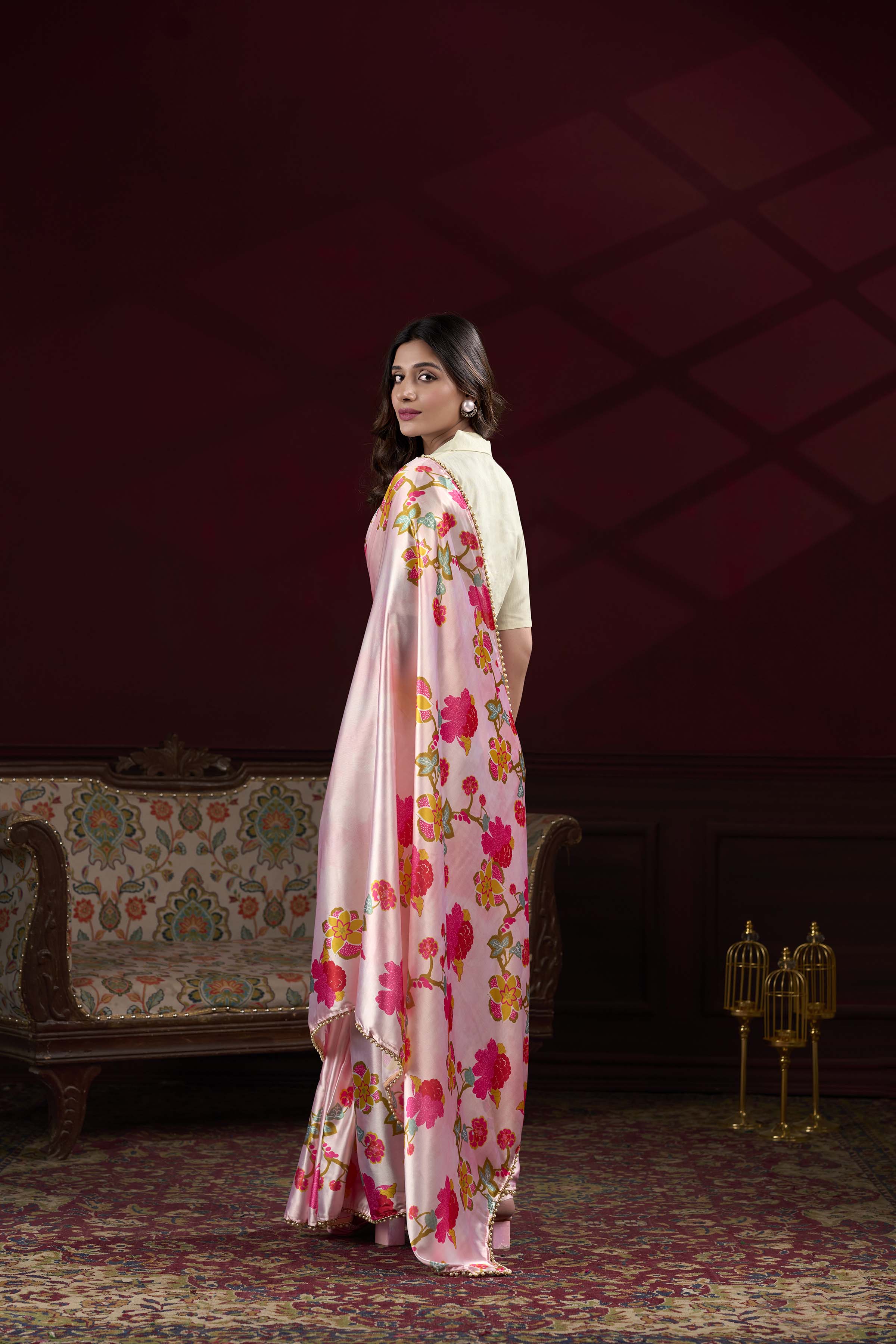 Peach Floral Printed Satin Silk Saree with Pearl Lace Border