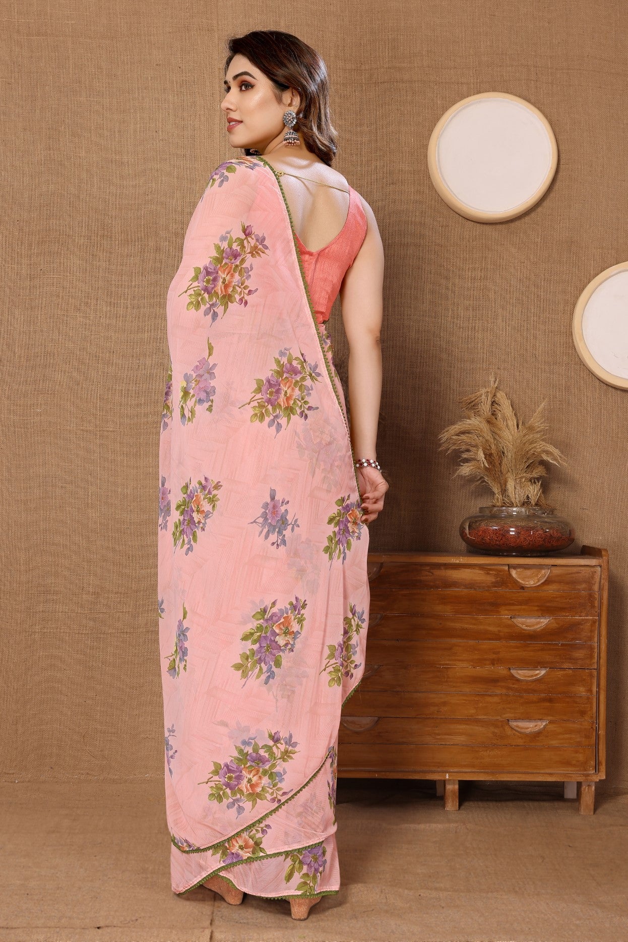 Peach Georgette Ready-to-Wear Printed Saree with Lace