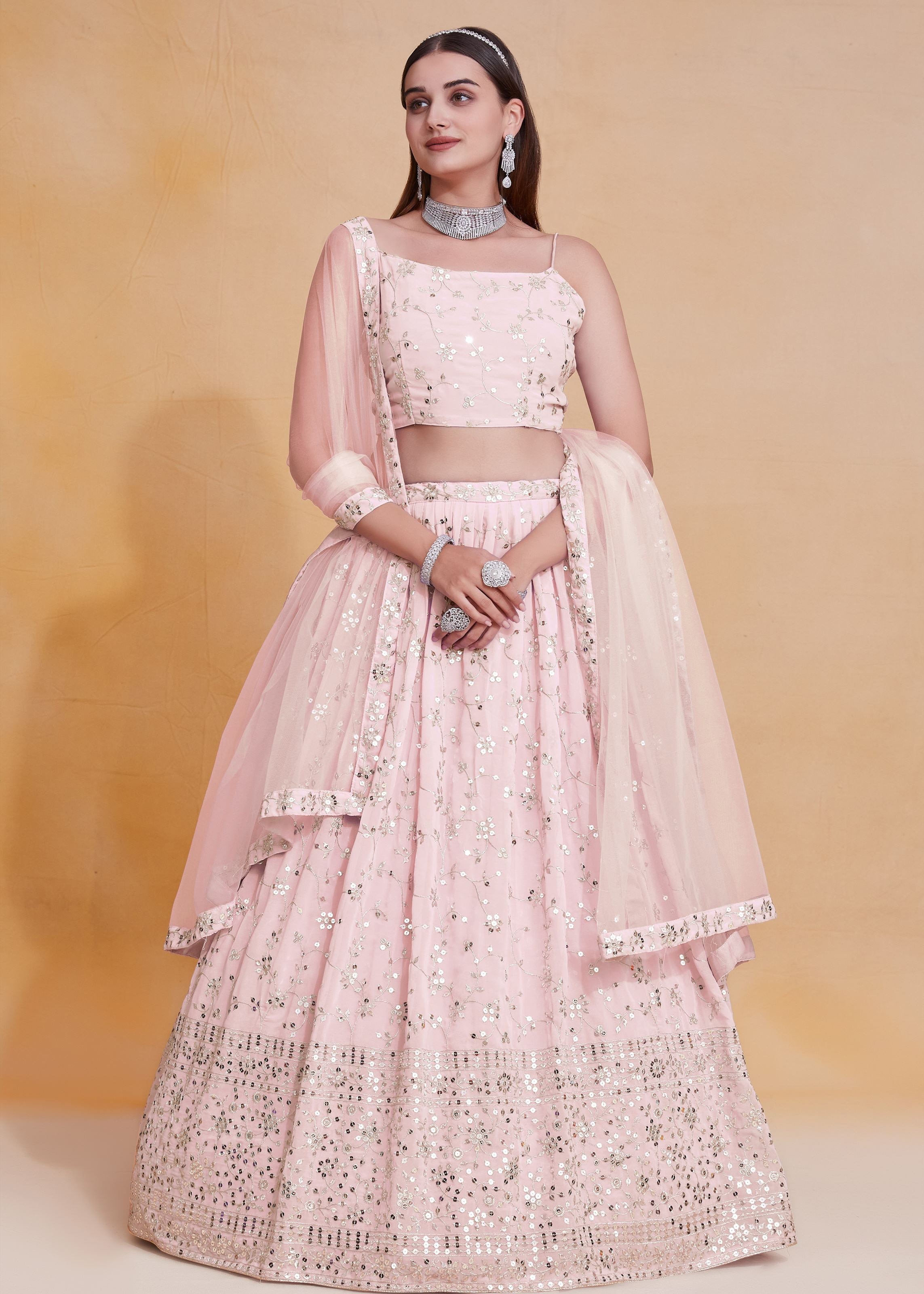 Peach  Georgette Sequence Embroidery Work Lehenga Choli