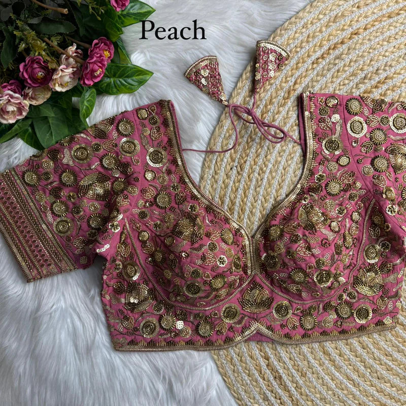 Peach Glow Luxury Heavy Beads Bridal Blouse  Roman Silk Designer Wedding Wear