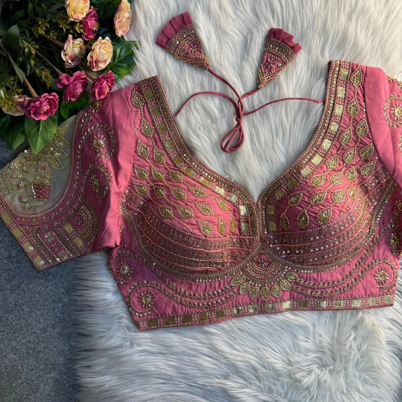 Peach Glow Royal Elephant Patch Work Bridal Blouse  Roman Silk Heavy Beads & Sequins Designer Wear