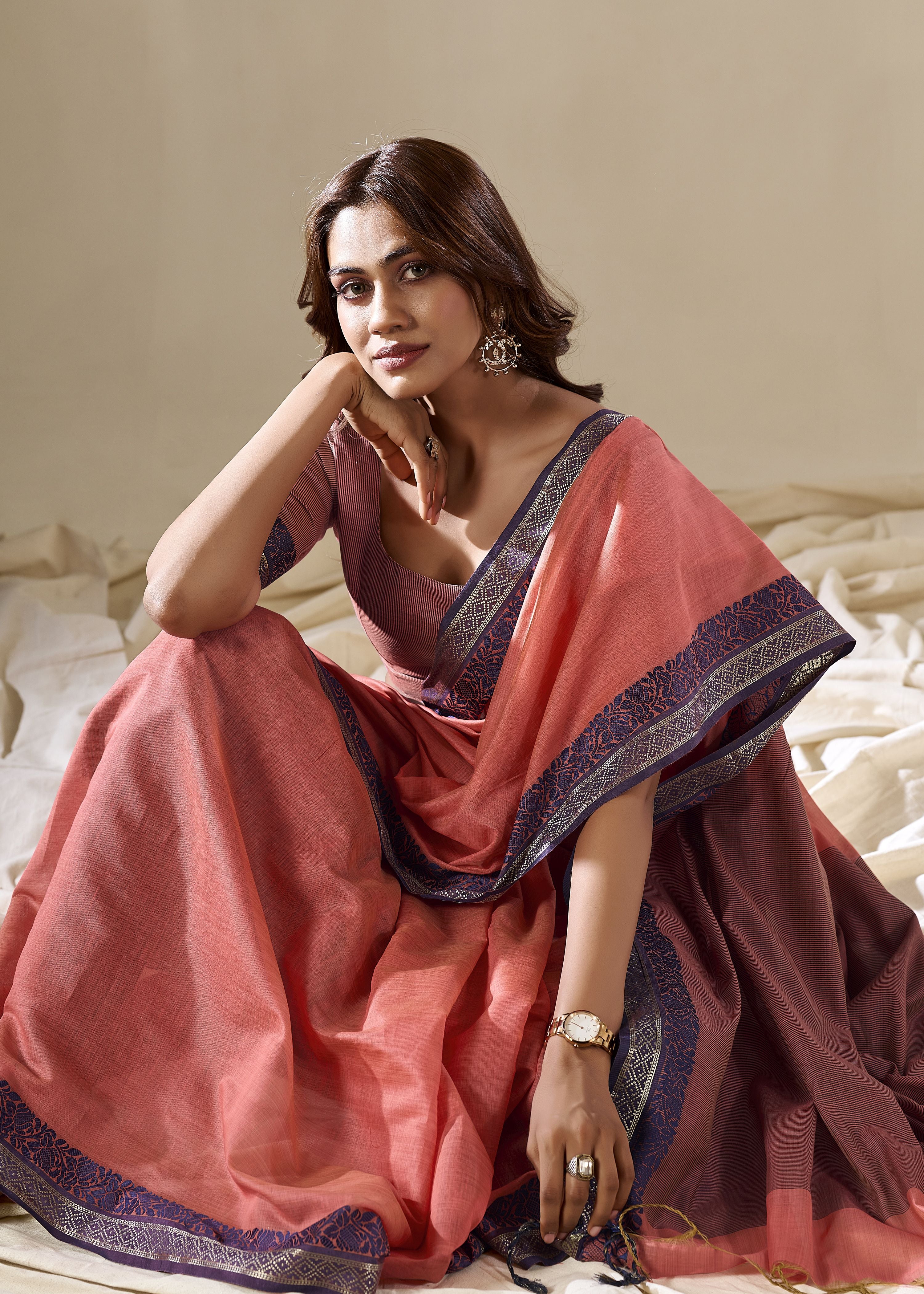Peach Handloom Silk Woven Pallu Border Designer Ethnic Traditional Saree