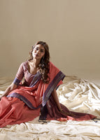 Peach Handloom Silk Woven Pallu Border Designer Ethnic Traditional Saree