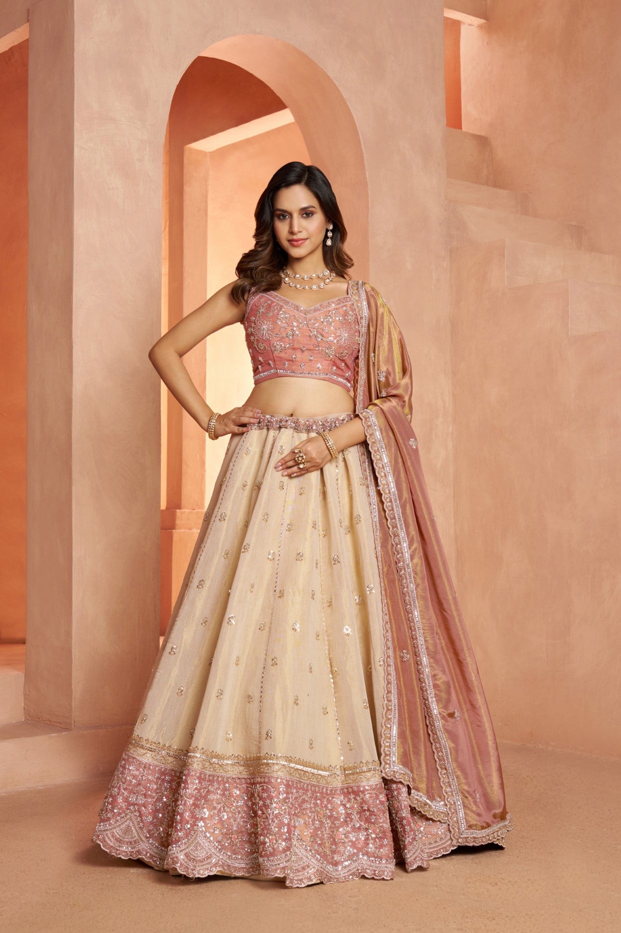 Peach Kanjivaram Tissue Luxury Embroidered Wedding Lehenga Choli