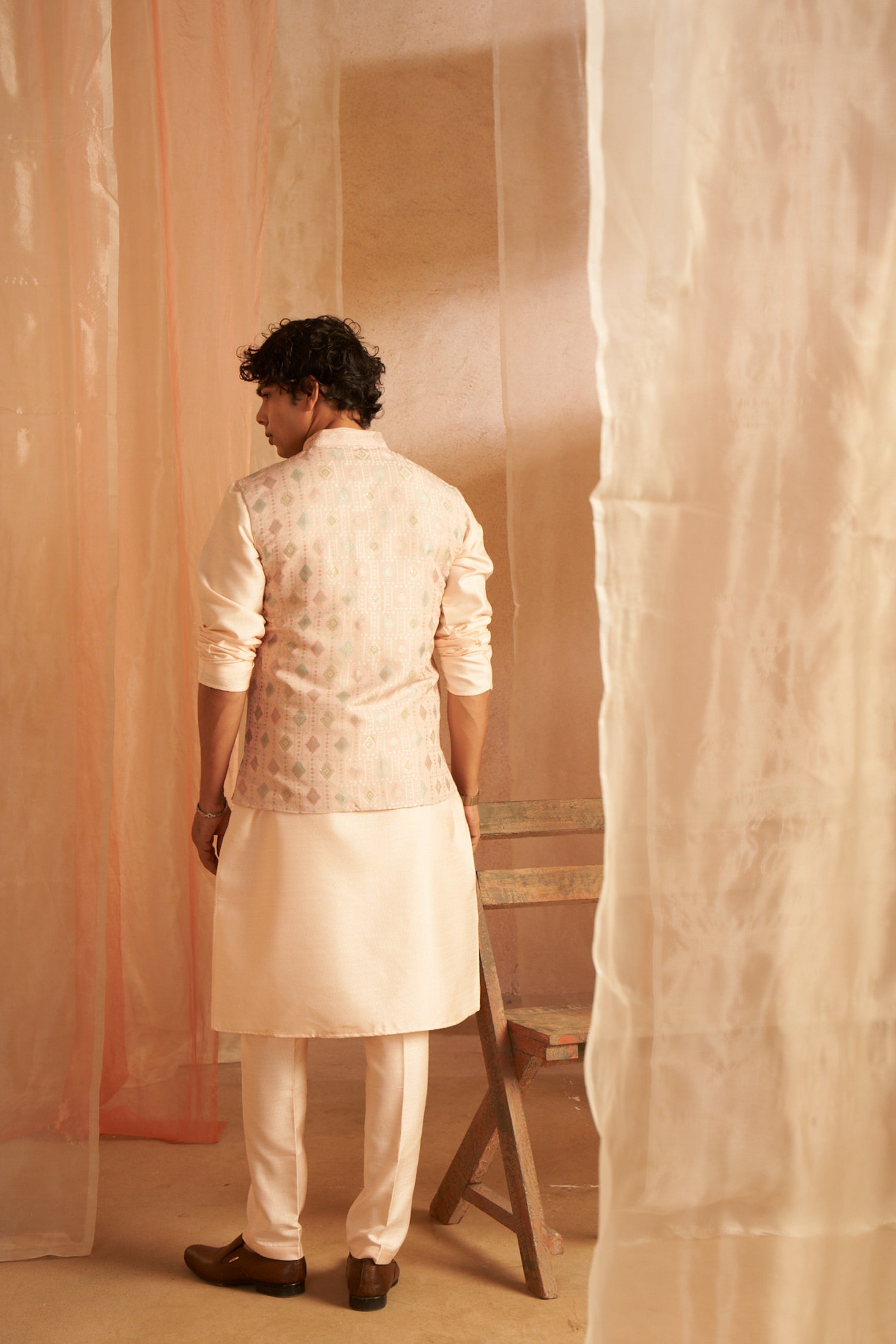 Peach Kurta Payjama with Nehru Jacket – Elegant Wedding Look