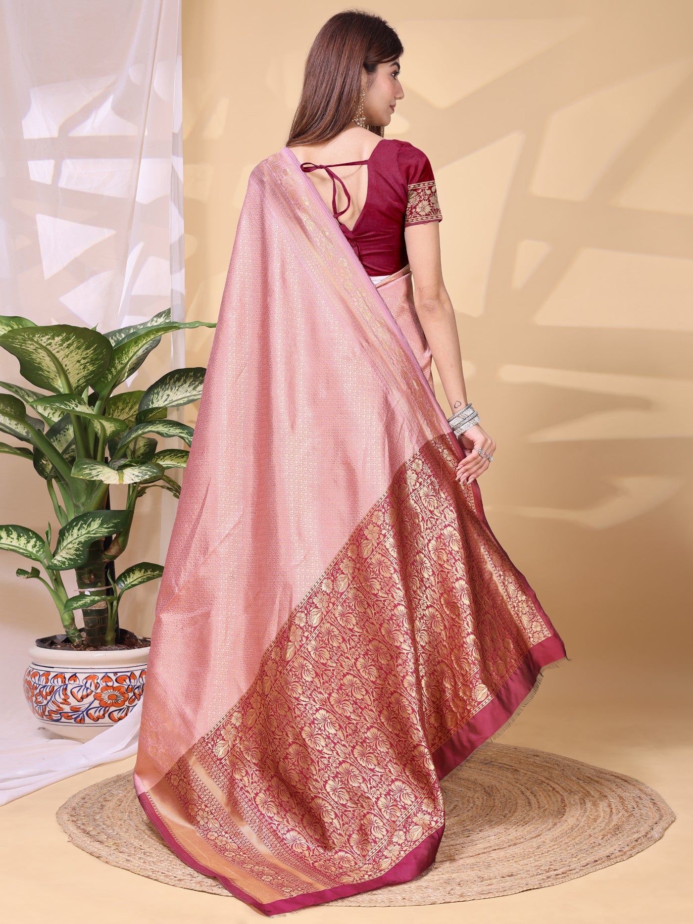 Peach Lichi Silk Saree With Classic Weaving