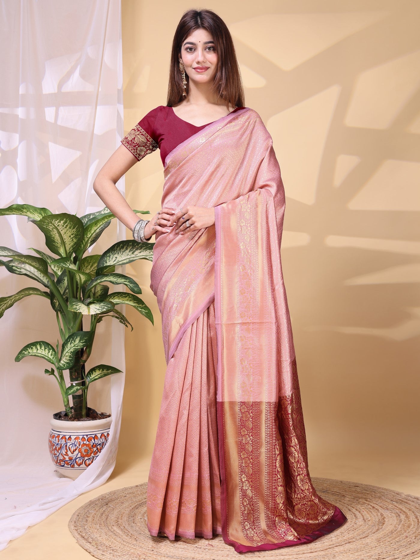 Peach Lichi Silk Saree With Classic Weaving