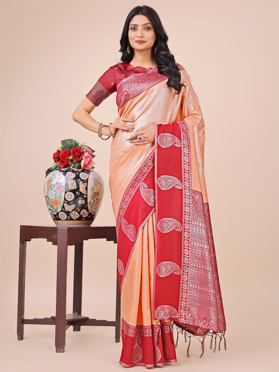 Peach Lichi Silk Woven Designer Festive Graceful Saree