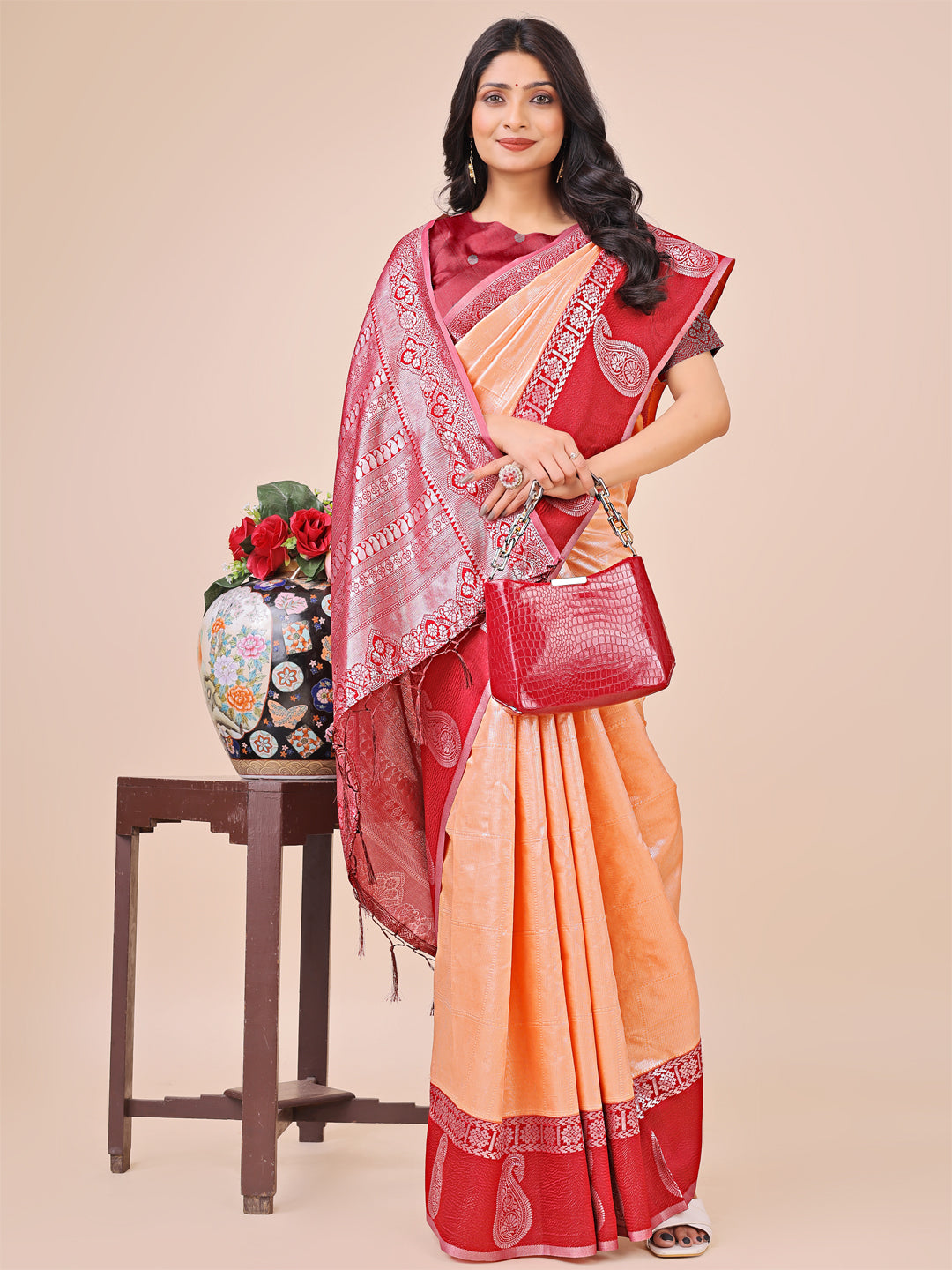 Peach Lichi Silk Woven Designer Festive Graceful Saree