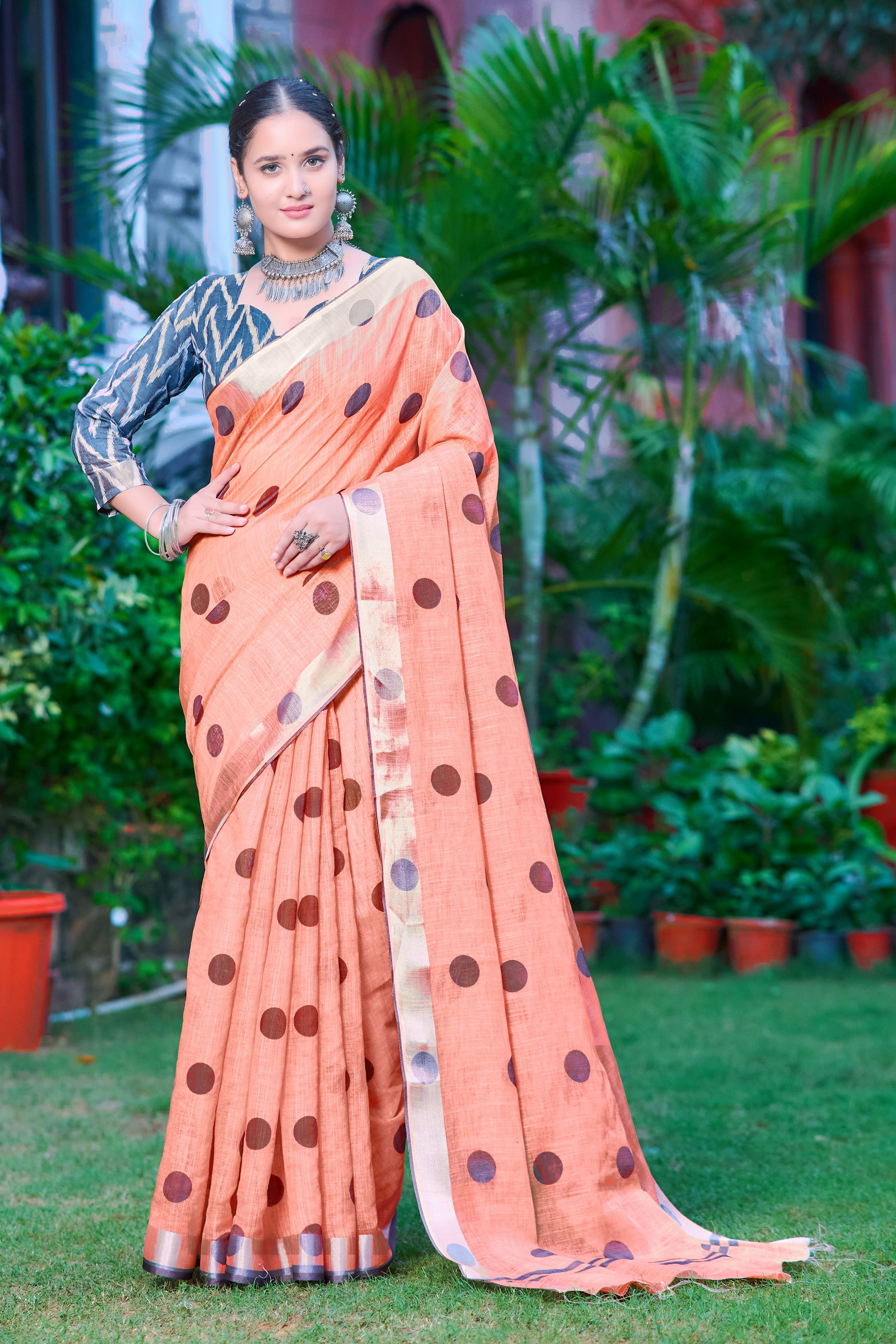 Peach Linen Cotton Designer Printed Ethnic Festive Saree
