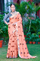 Peach Linen Cotton Designer Printed Ethnic Festive Saree