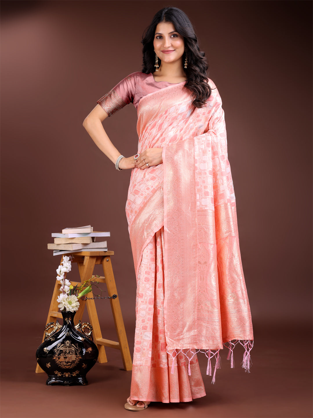 Peach Linen Cotton Woven Jacquard Designer Ehtnic Partywear Girlie Looks Saree