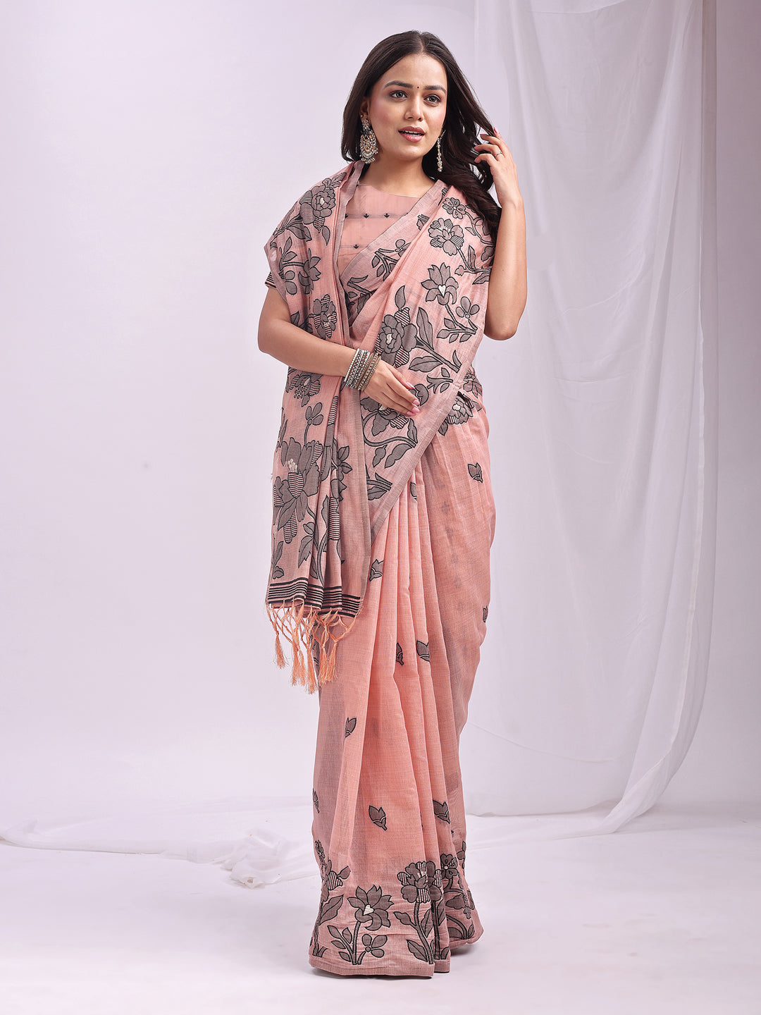 Peach Linen Cotton Woven Thread Designer Festive Sophisticated Saree