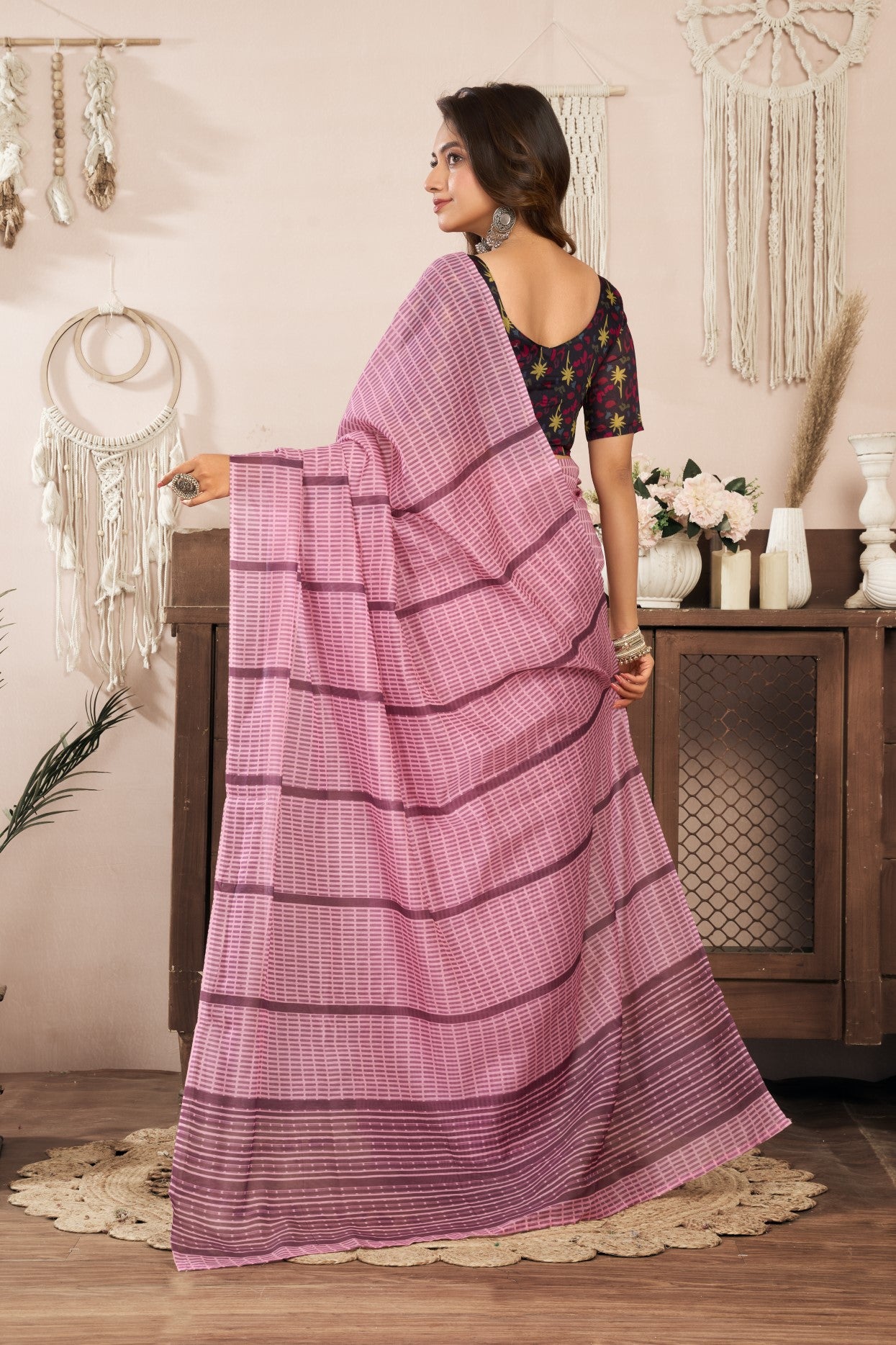 Peach Linen Ready To Wear Saree With Zari Border Printed