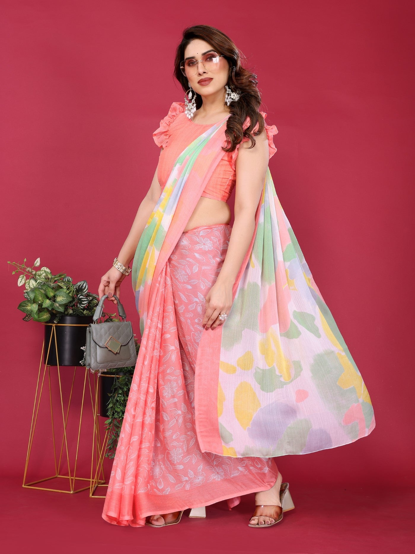 Peach Moss Chiffon Saree With Elegant Printed Design
