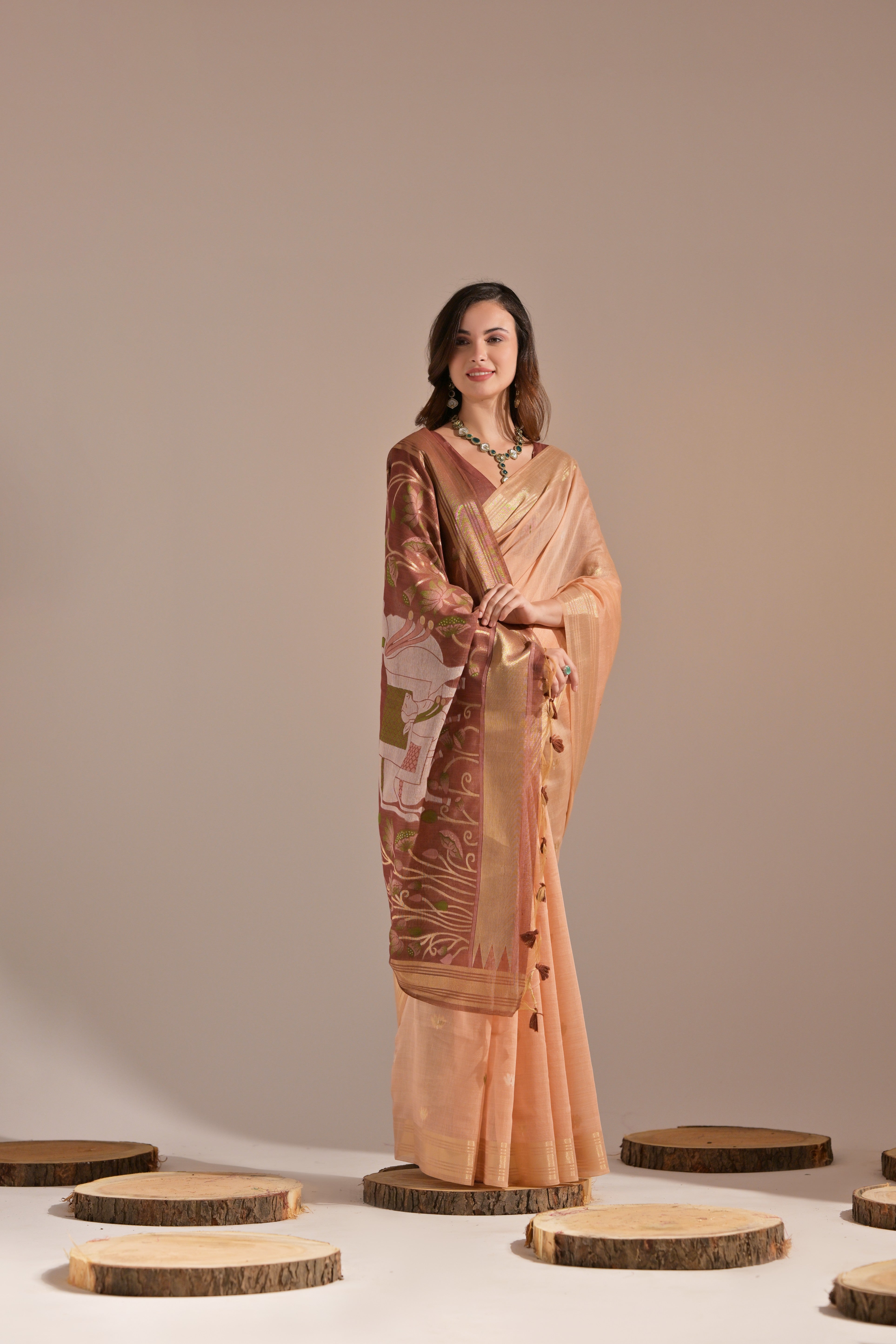 Peach Muga Cotton Saree with Cow Design and Butti Weaves