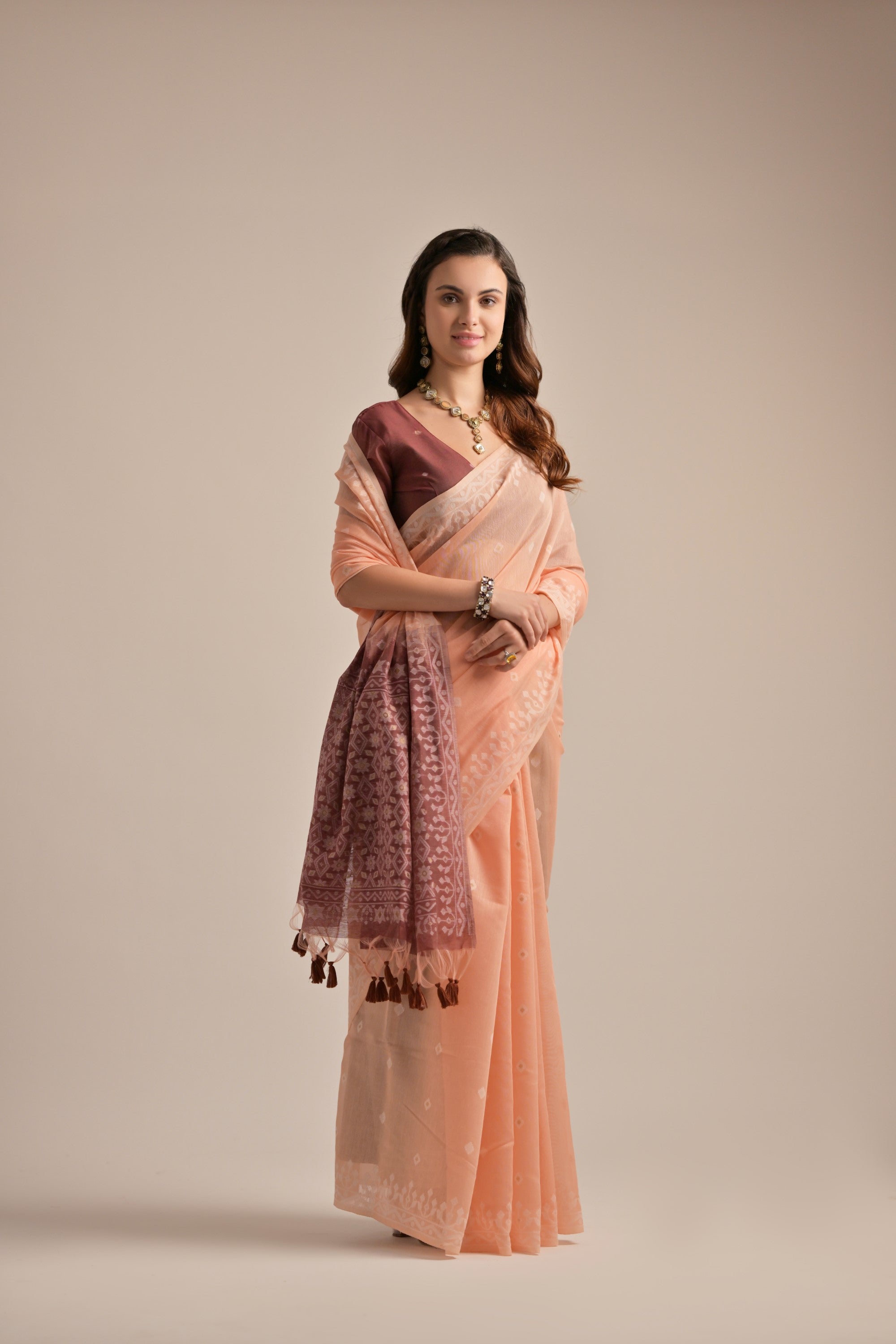 Peach Muga Cotton Saree with Thread Butti and Lakhnawi Pallu