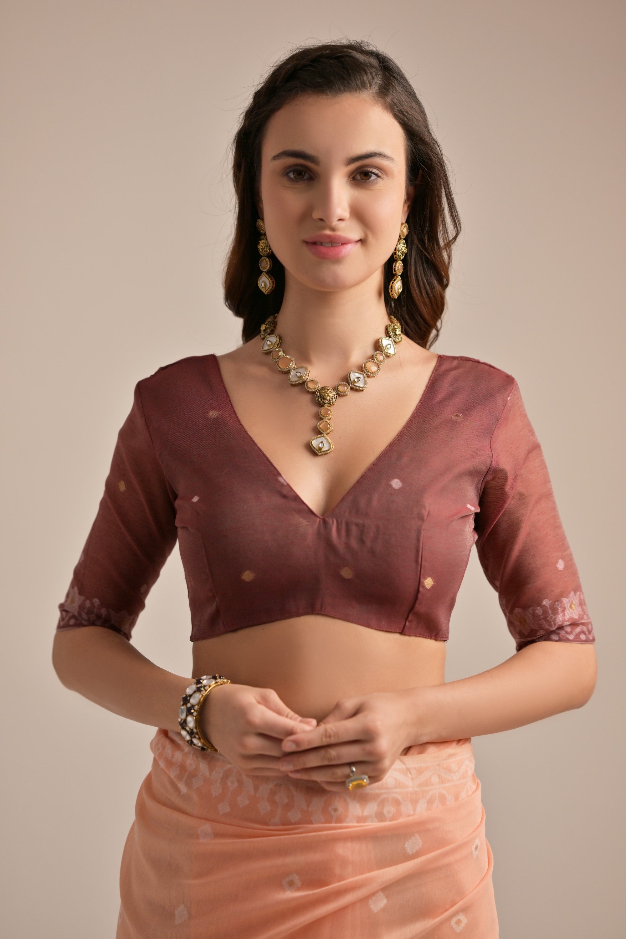 Peach Muga Cotton Saree with Thread Butti and Lakhnawi Pallu