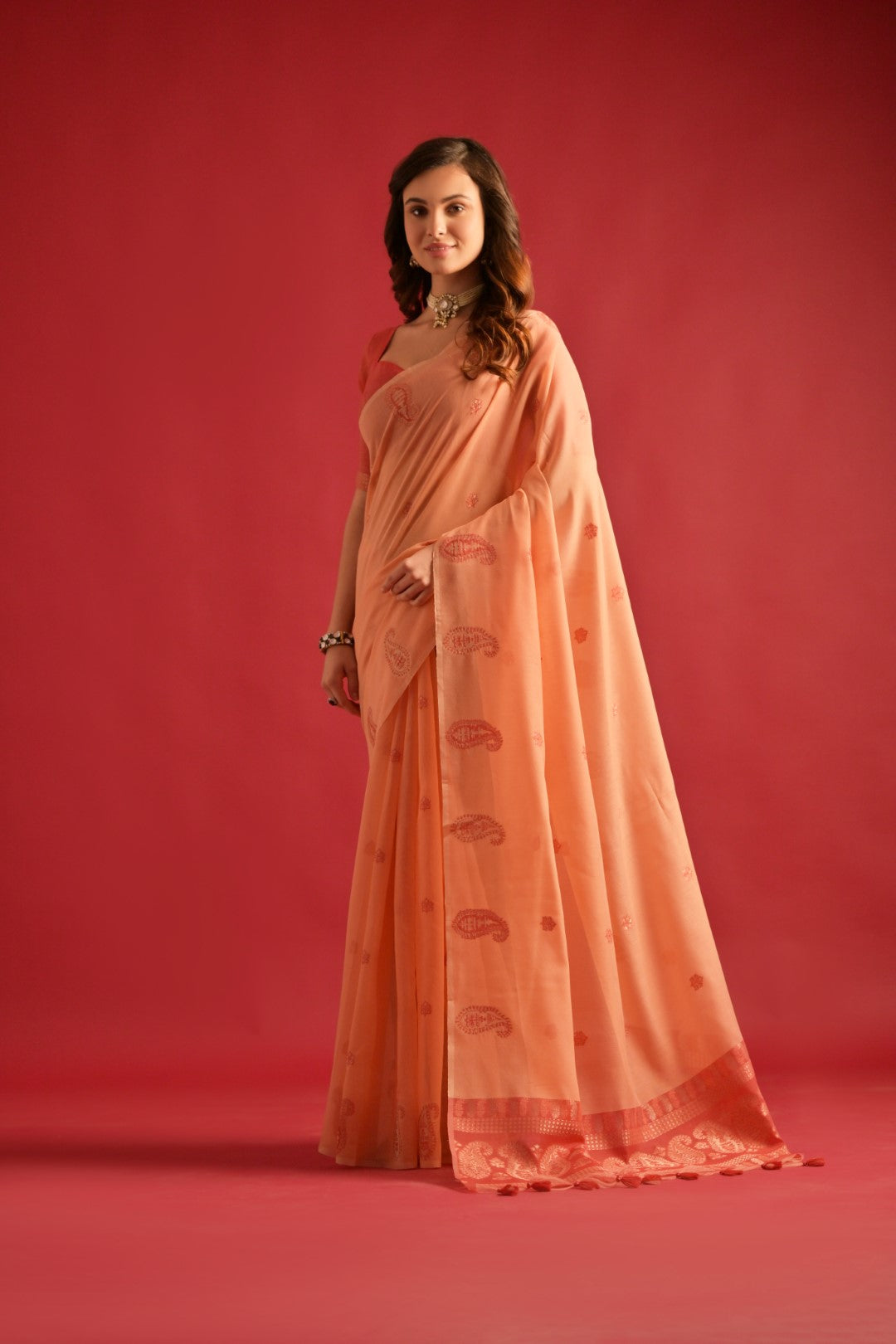 Peach Mul Cotton Saree with Keri Pallu and Butti Weaves