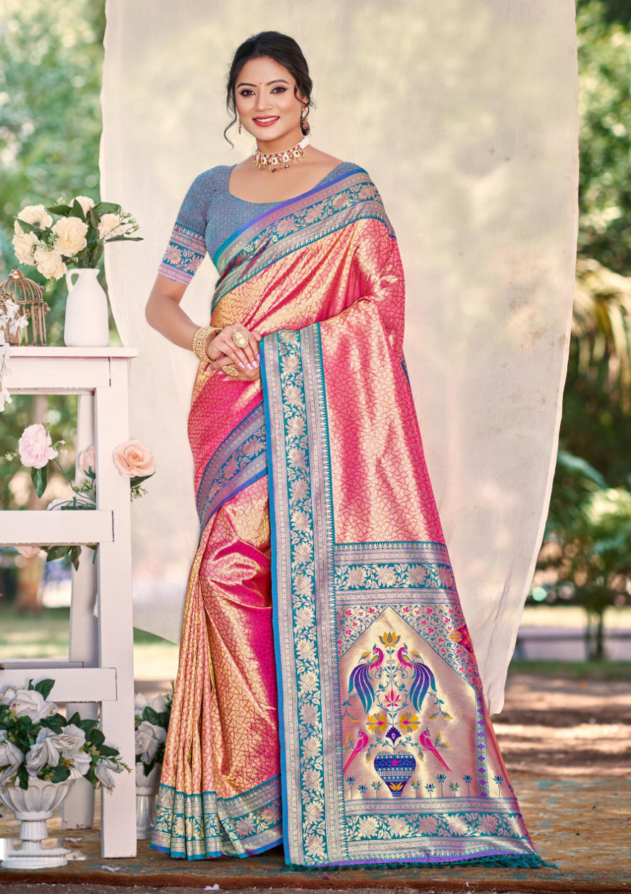 Peach Multi Color Kanjivaram Silk Saree With Classic Drape and Refined Beauty