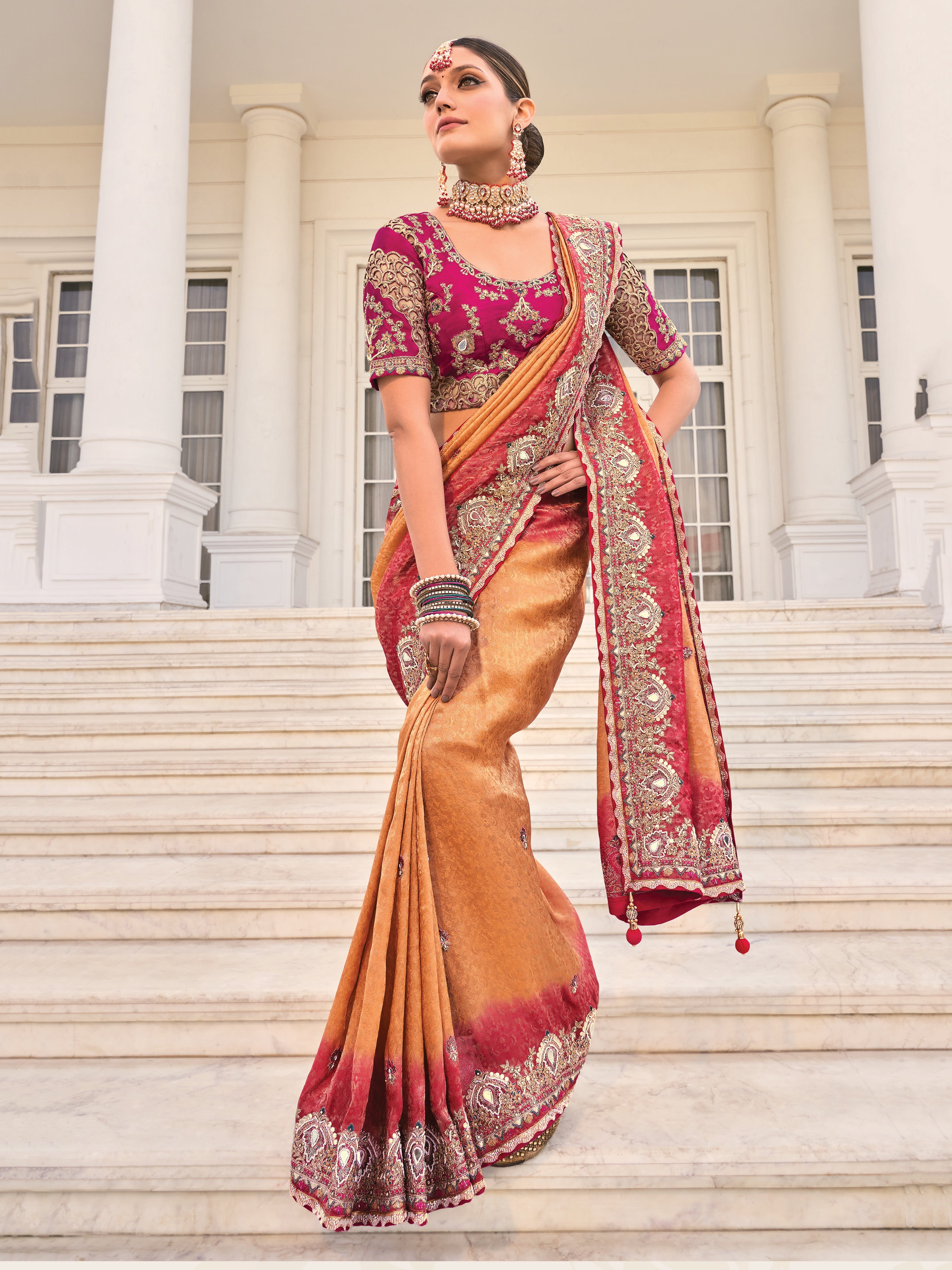 Peach Natural Crepe Jacquard Saree With Embroidery Work