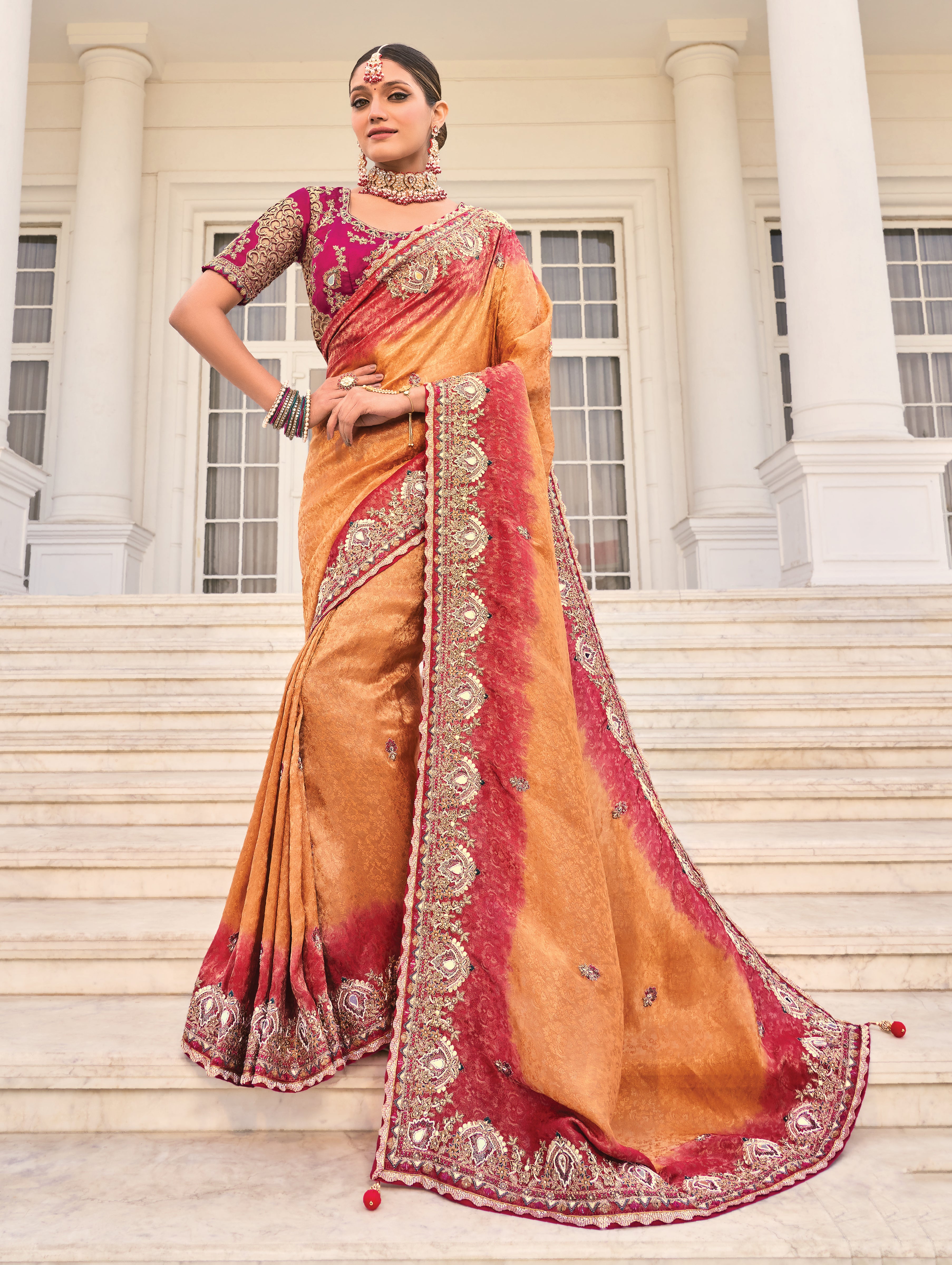 Peach Natural Crepe Jacquard Saree With Embroidery Work