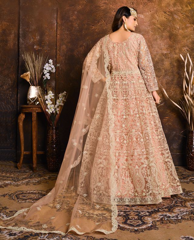 Peach Net Heavy Thread Embroidery Work  Anarkali Suits