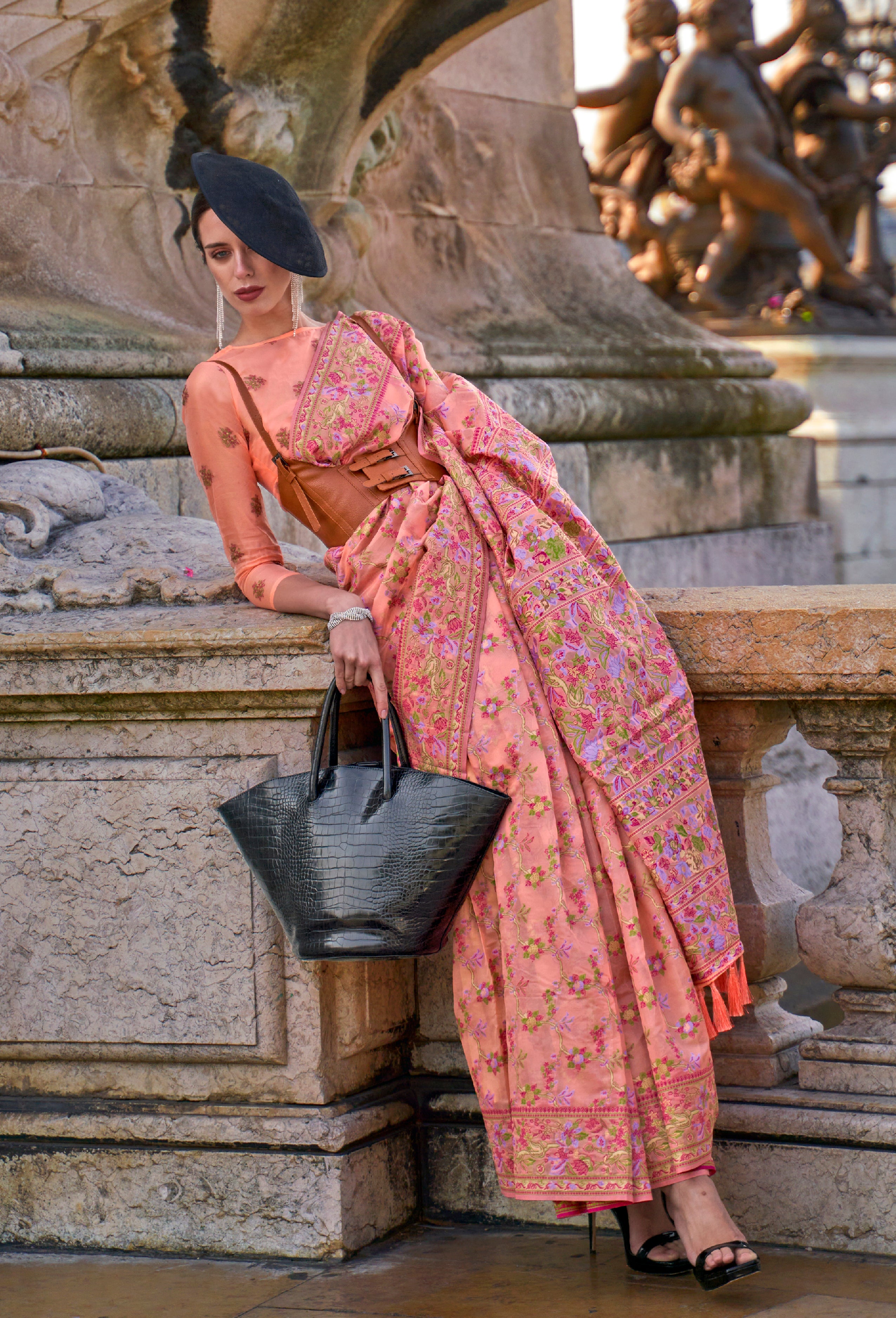 Peach Organza Handloom Saree With  Woven Work