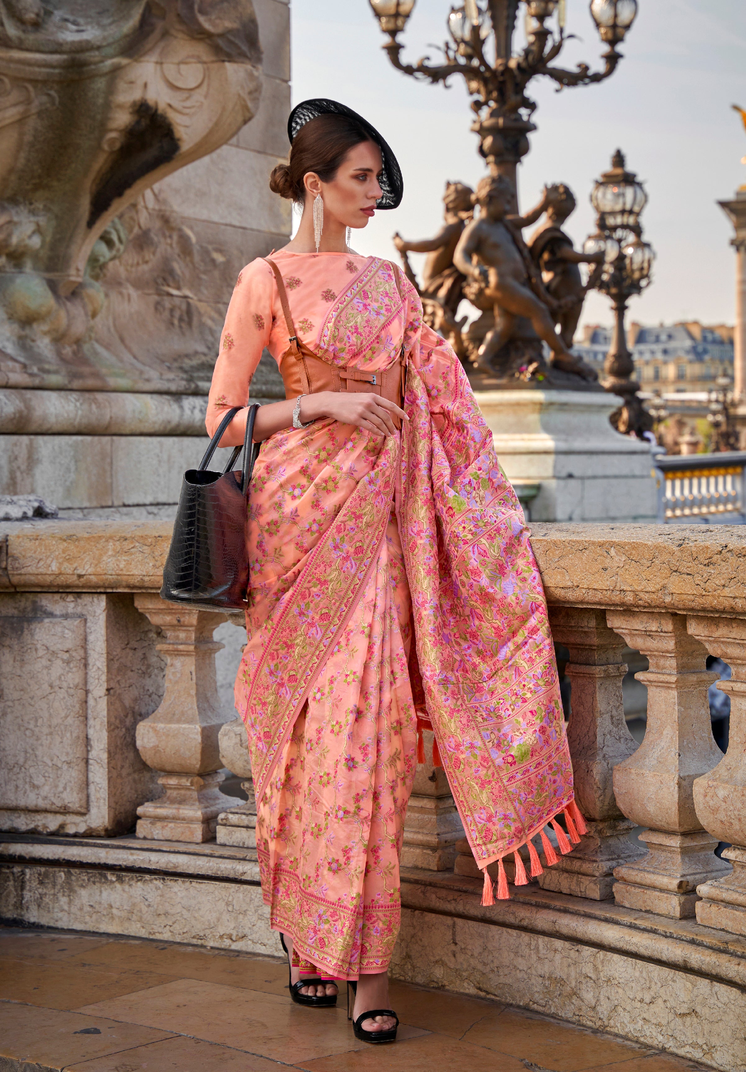 Peach Organza Handloom Saree With  Woven Work