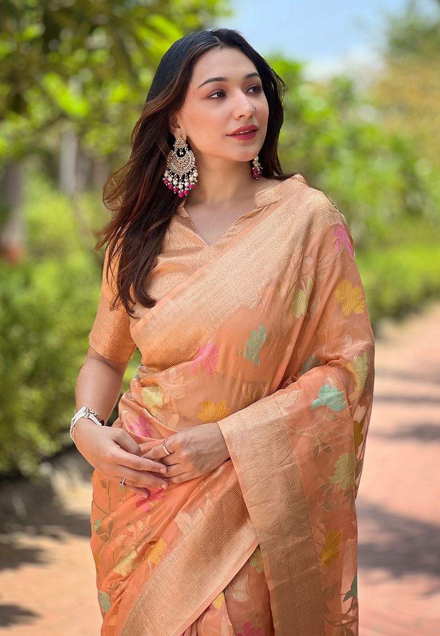 Peach Organza Saree With Woven Work