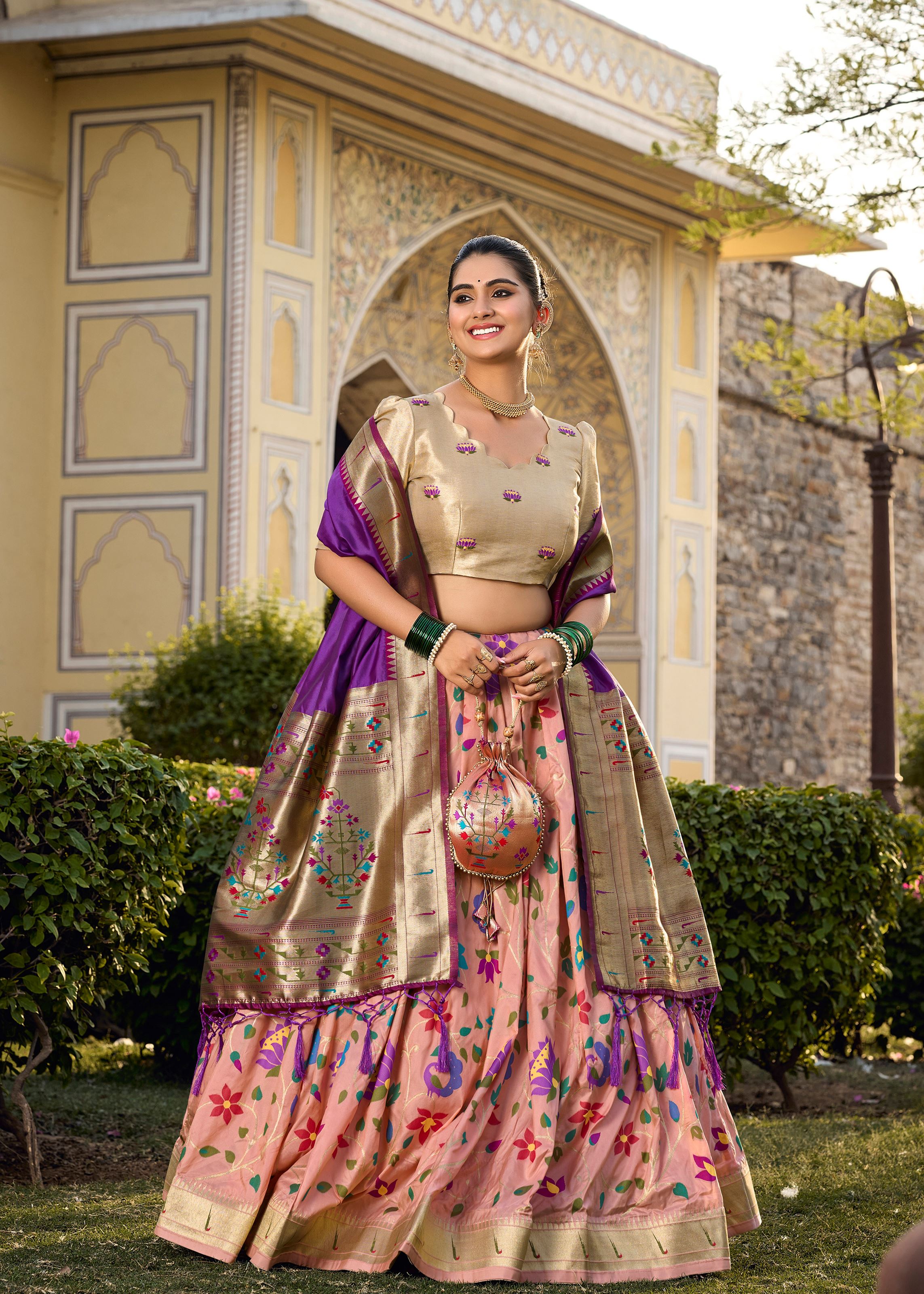 Peach Perfection Traditional Jacquard Silk Lehenga With Timeless Zari Elegance