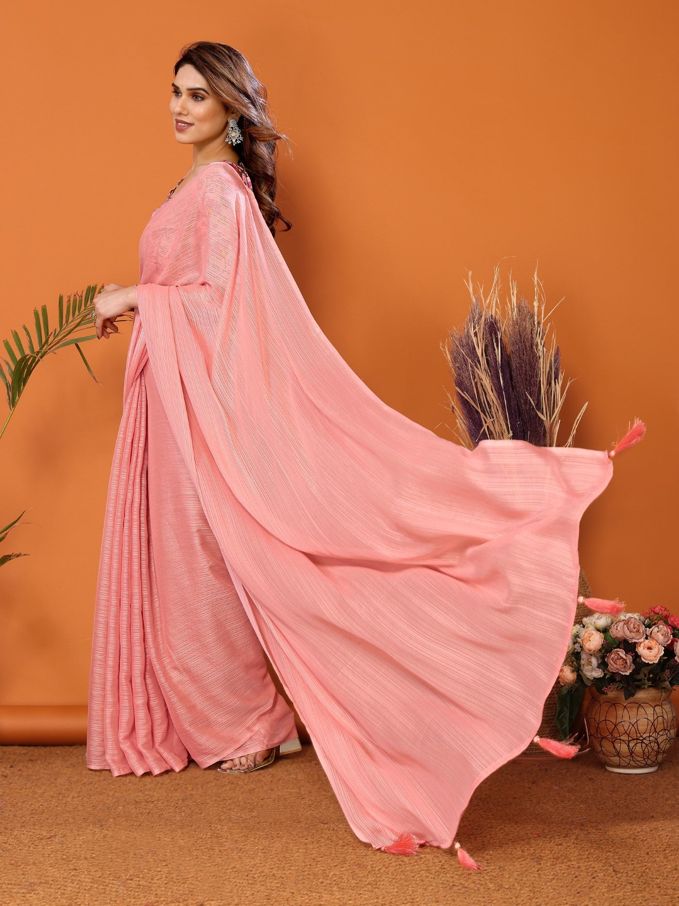 Peach Polyester Zari Saree With Plain Saree With Kalamkari Print Blouse