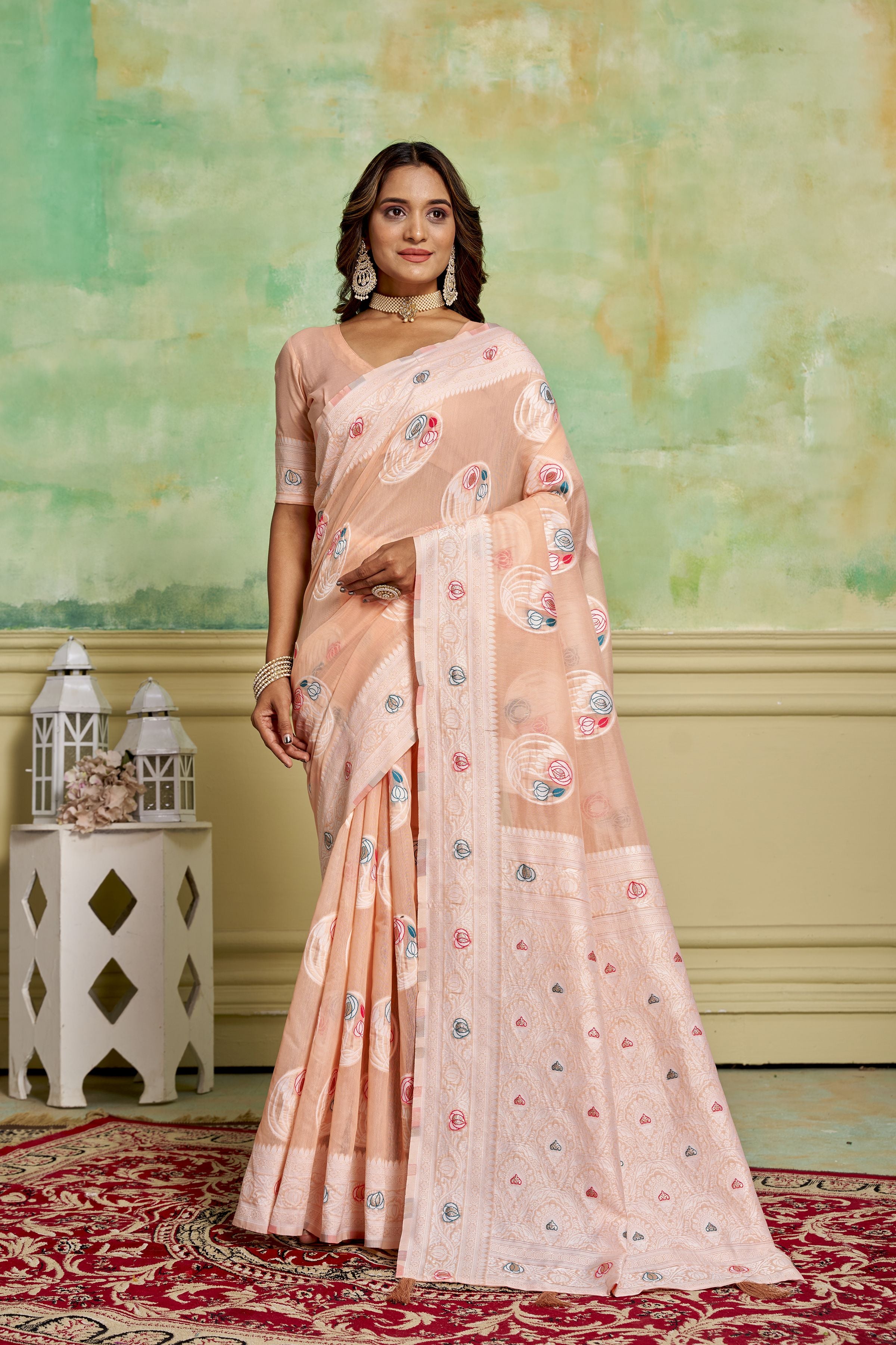 Peach Rich And Elegant Woven Designer Cotton Fabric Saree