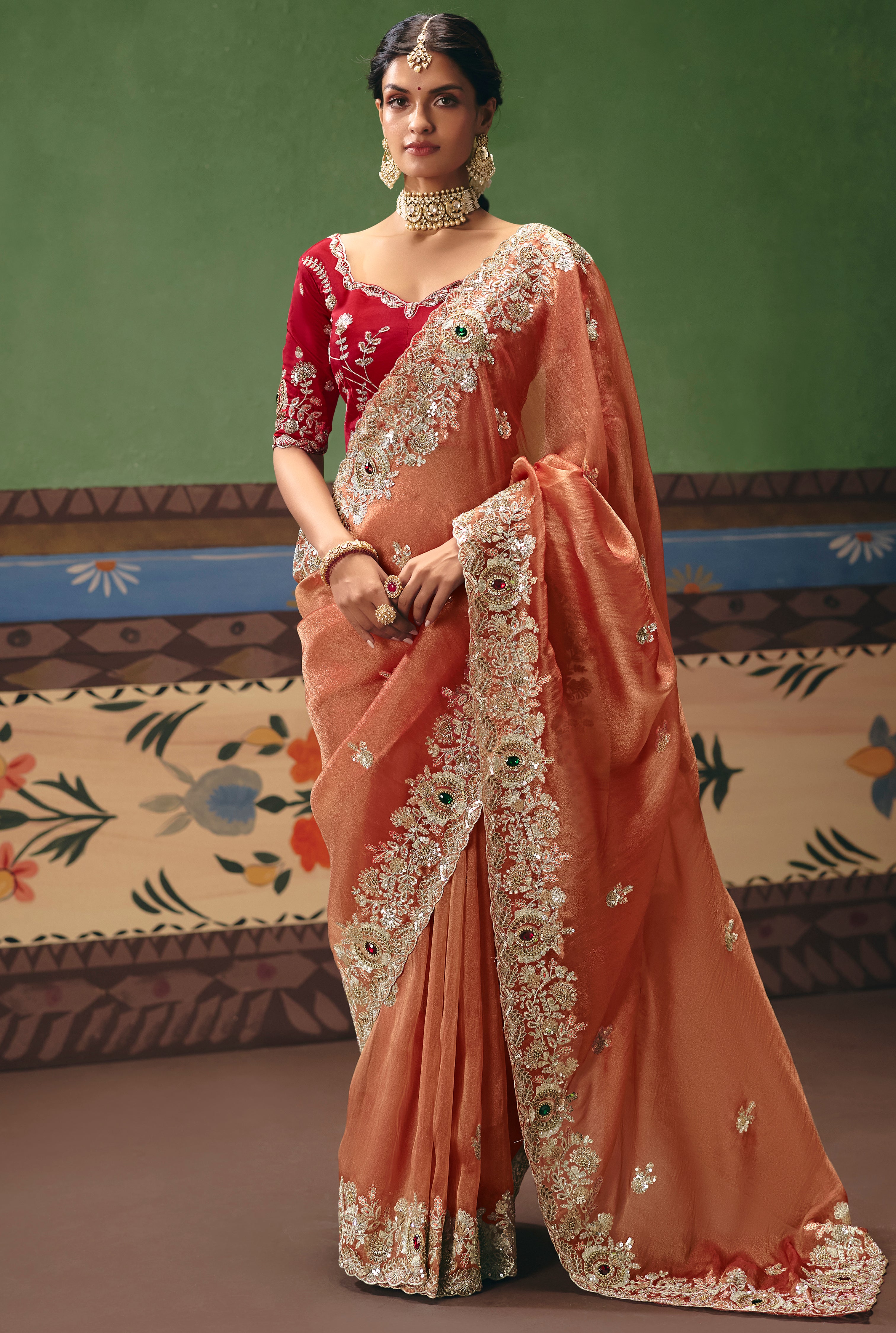 Peach Saree With  Heavy Designer Embroidery, Sequince, Stone, Pearl With Beads Work