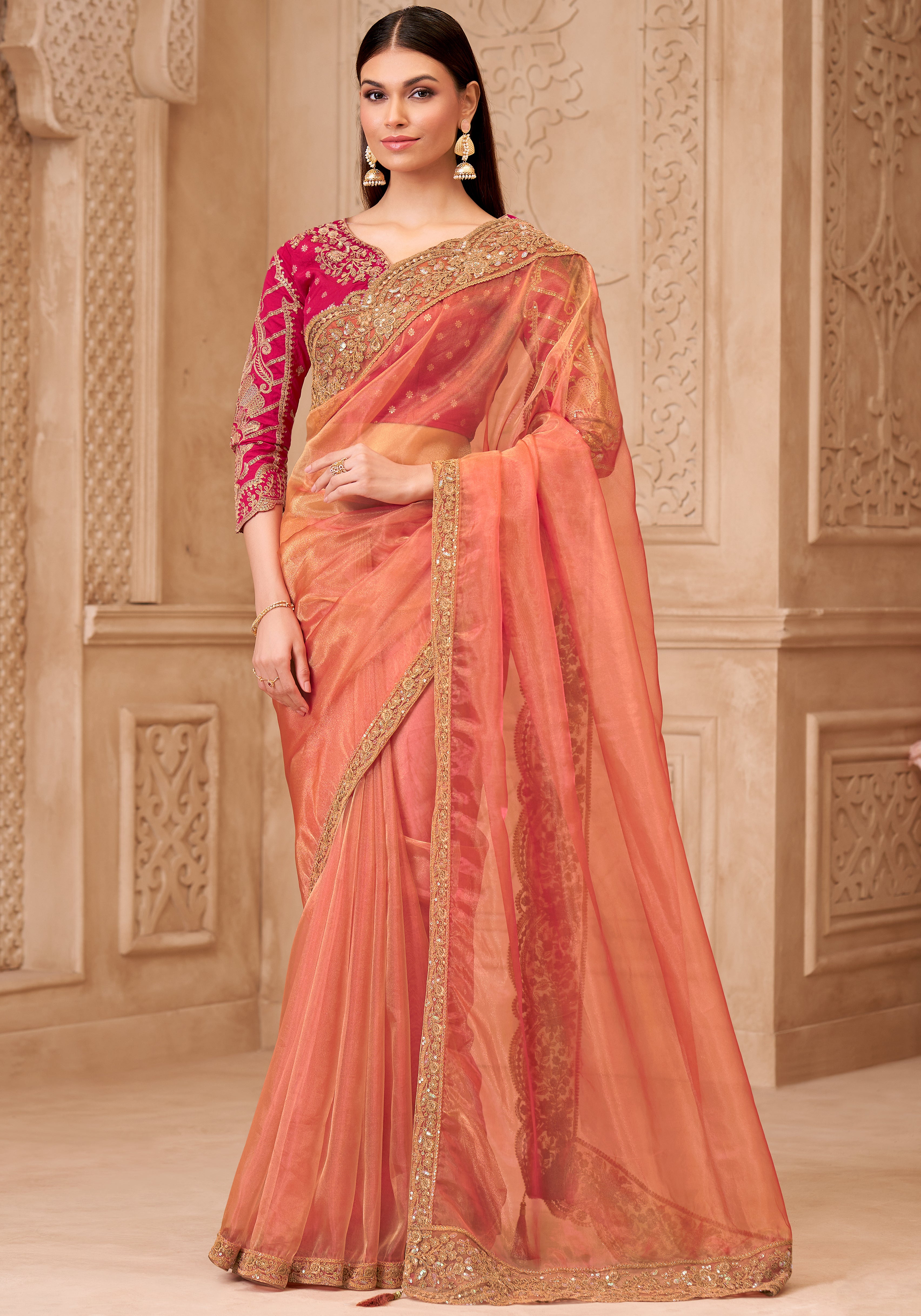 Peach Saree With  Heavy Thread Embroidery Sequins Border Work With Embroidery Blouse