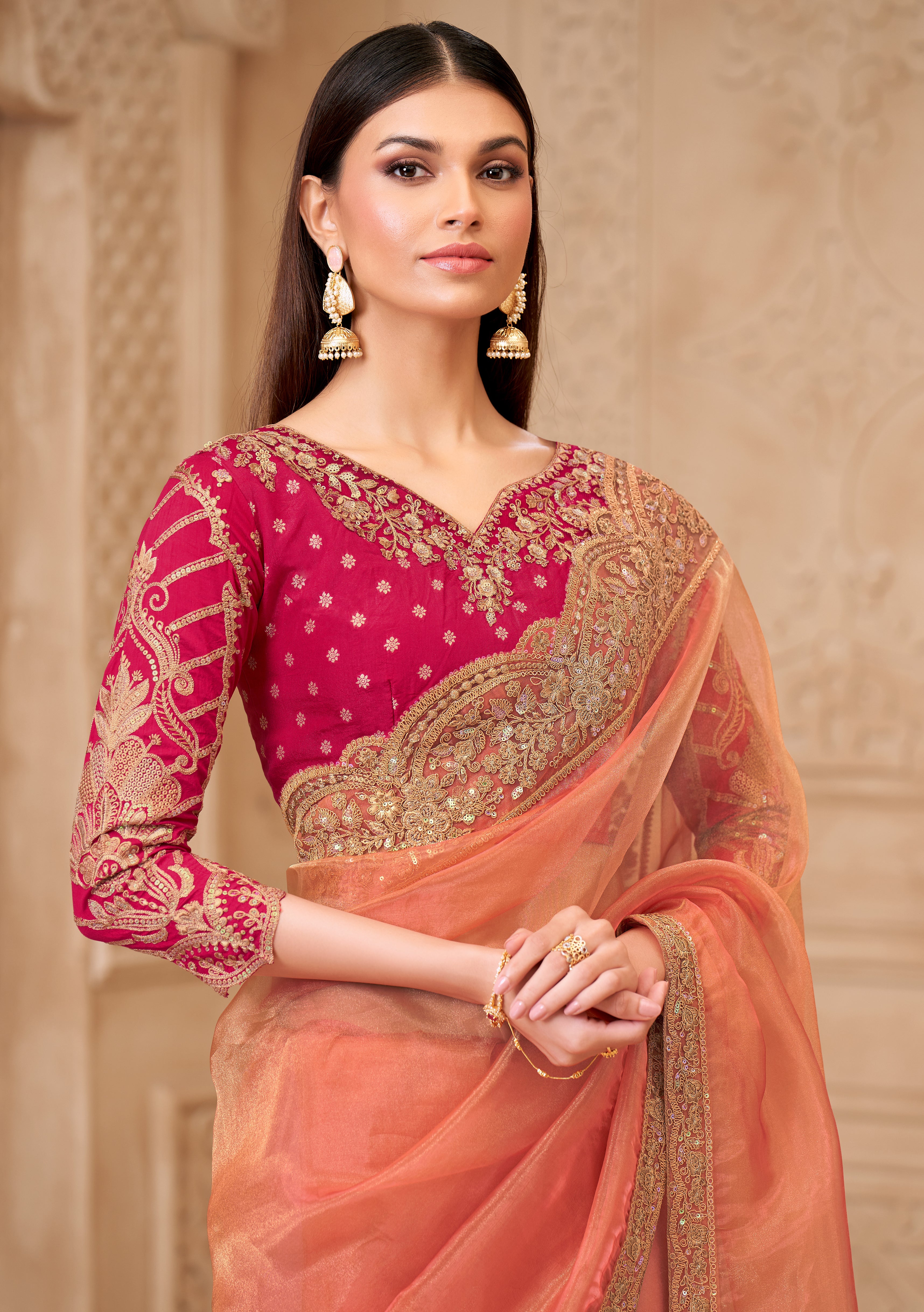 Peach Saree With  Heavy Thread Embroidery Sequins Border Work With Embroidery Blouse