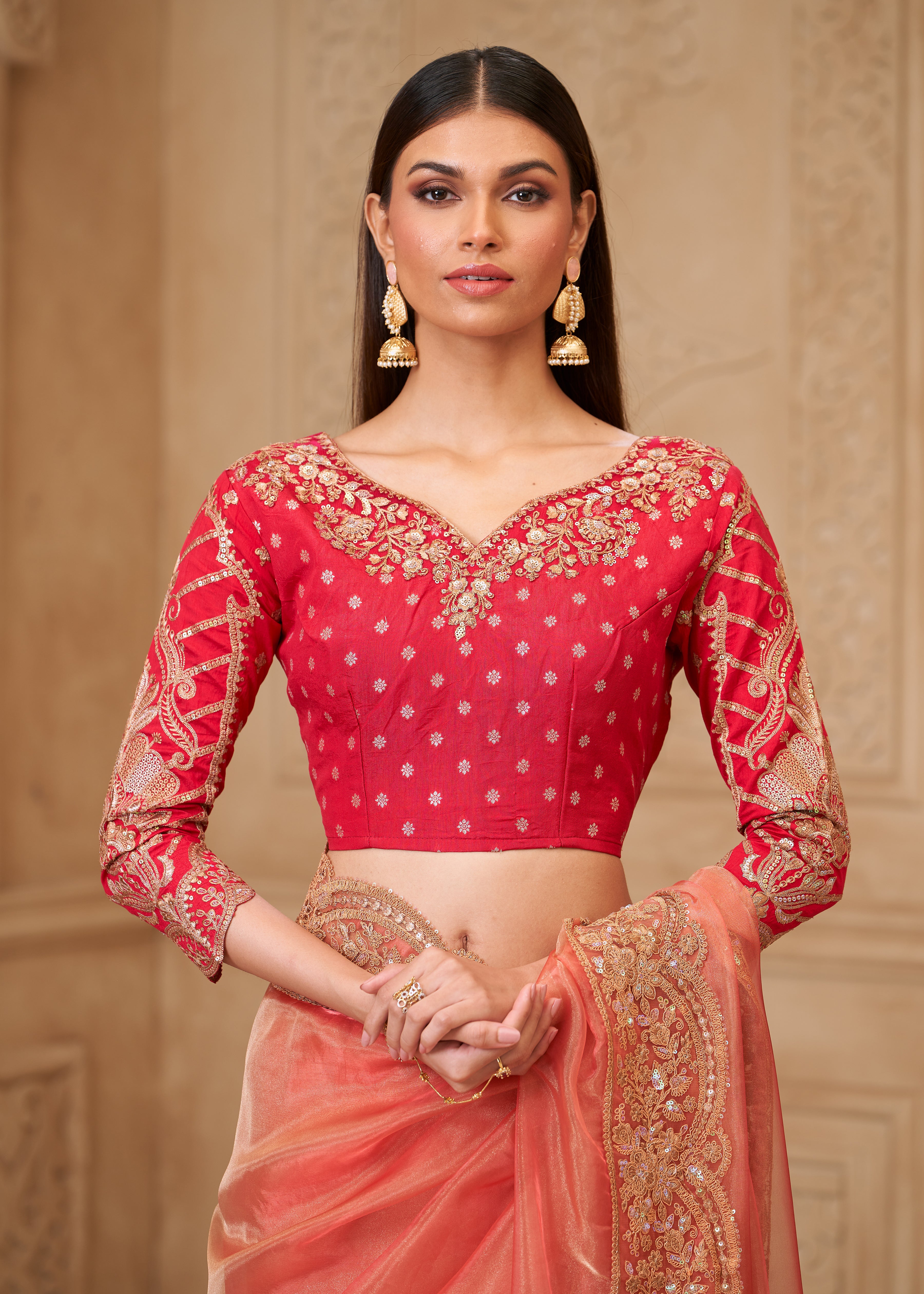 Peach Saree With  Heavy Thread Embroidery Sequins Border Work With Embroidery Blouse