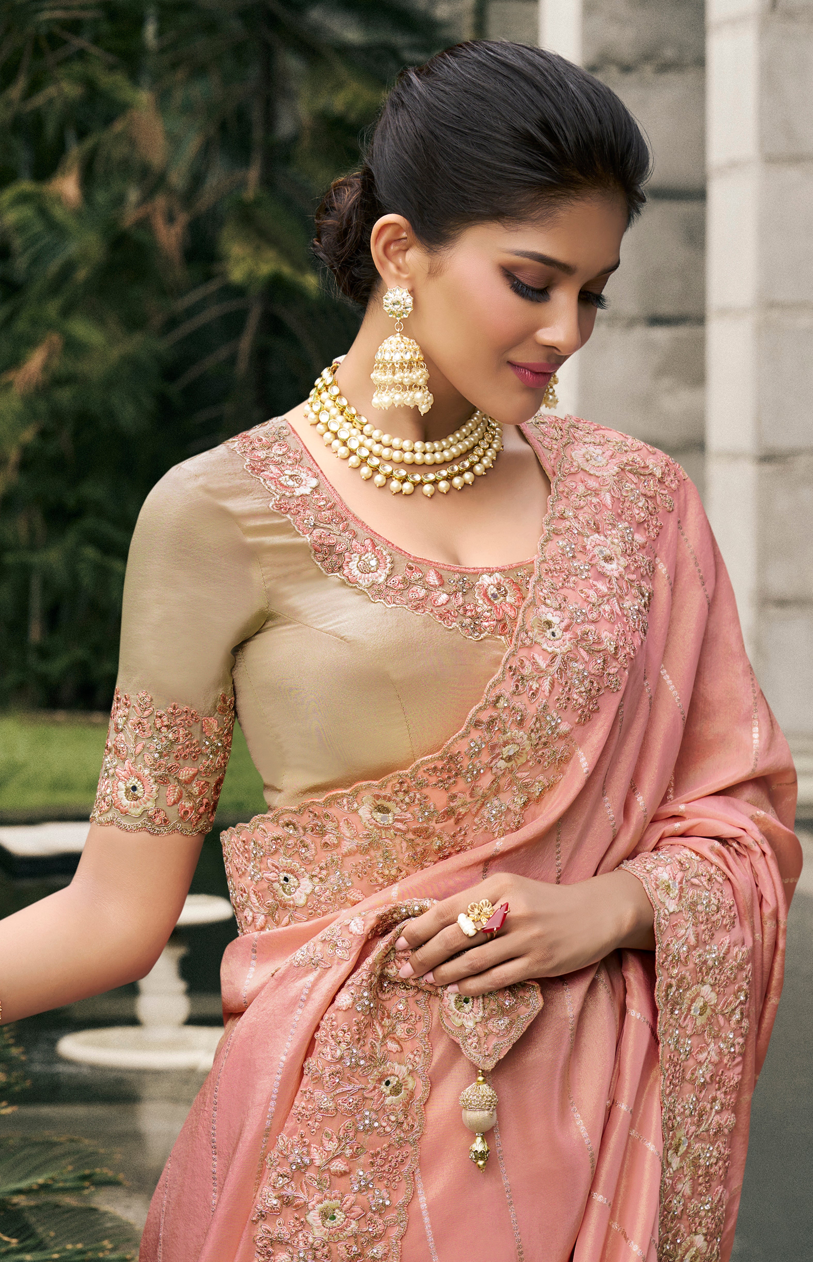 Peach Saree With  Heavy Thread Embroidery, Stone, Pearl, Real Mirror Work