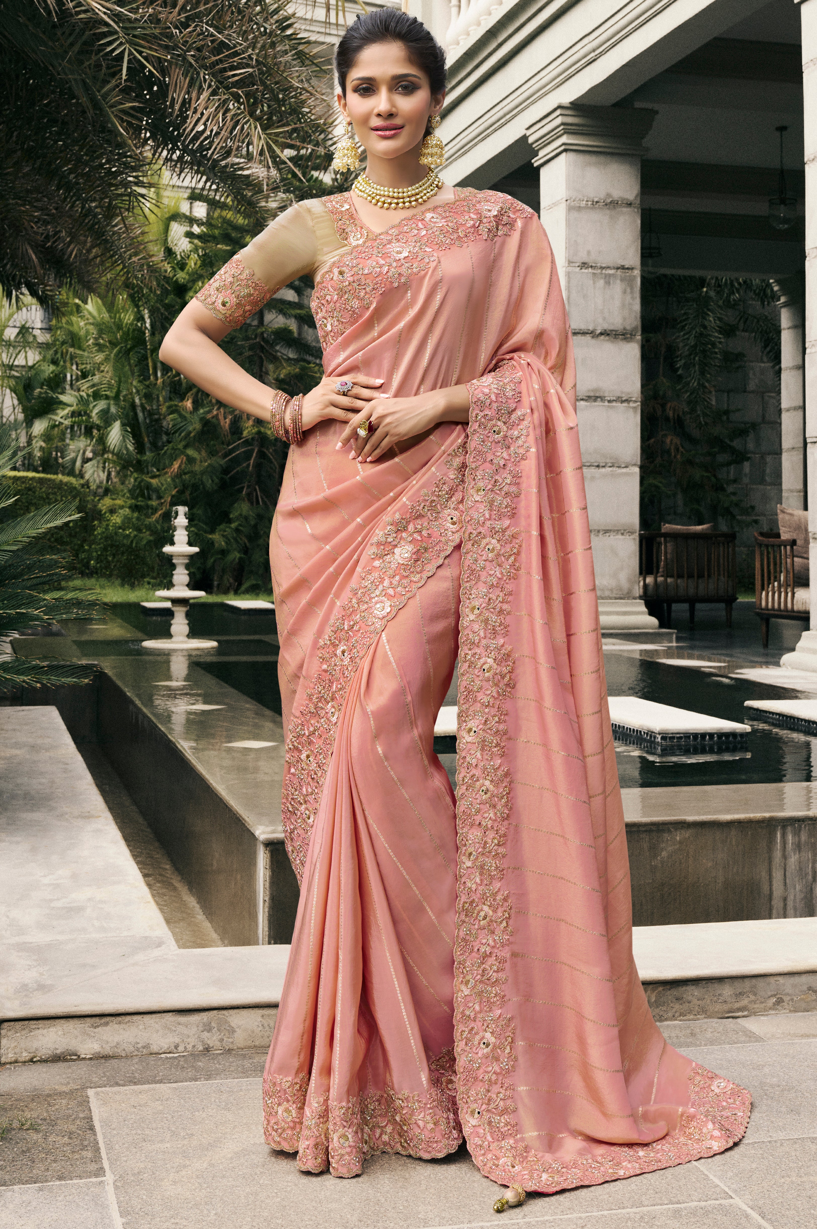 Peach Saree With  Heavy Thread Embroidery, Stone, Pearl, Real Mirror Work