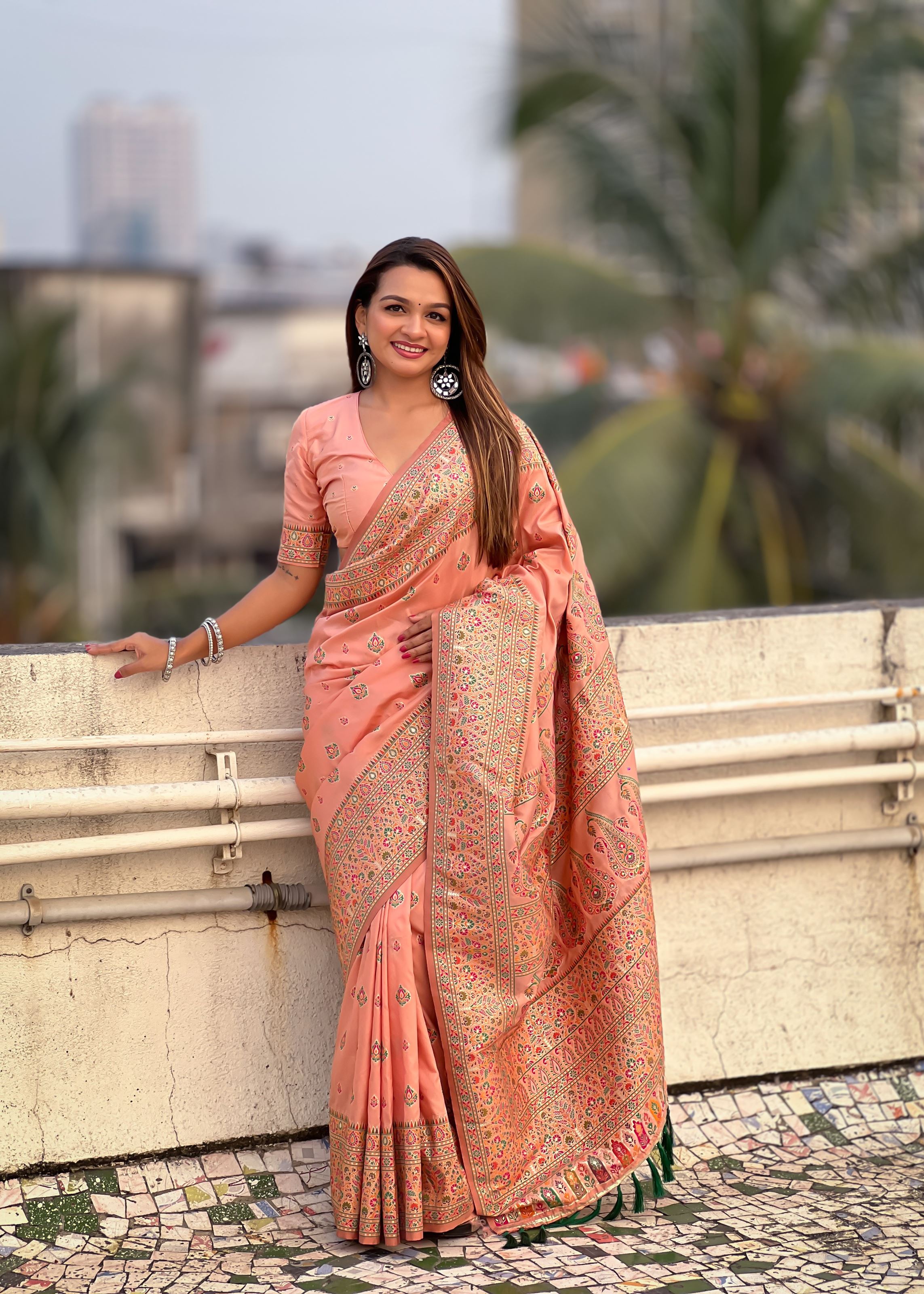 Peach Silk Blend Saree With Meenakari Kashmiri woven Work